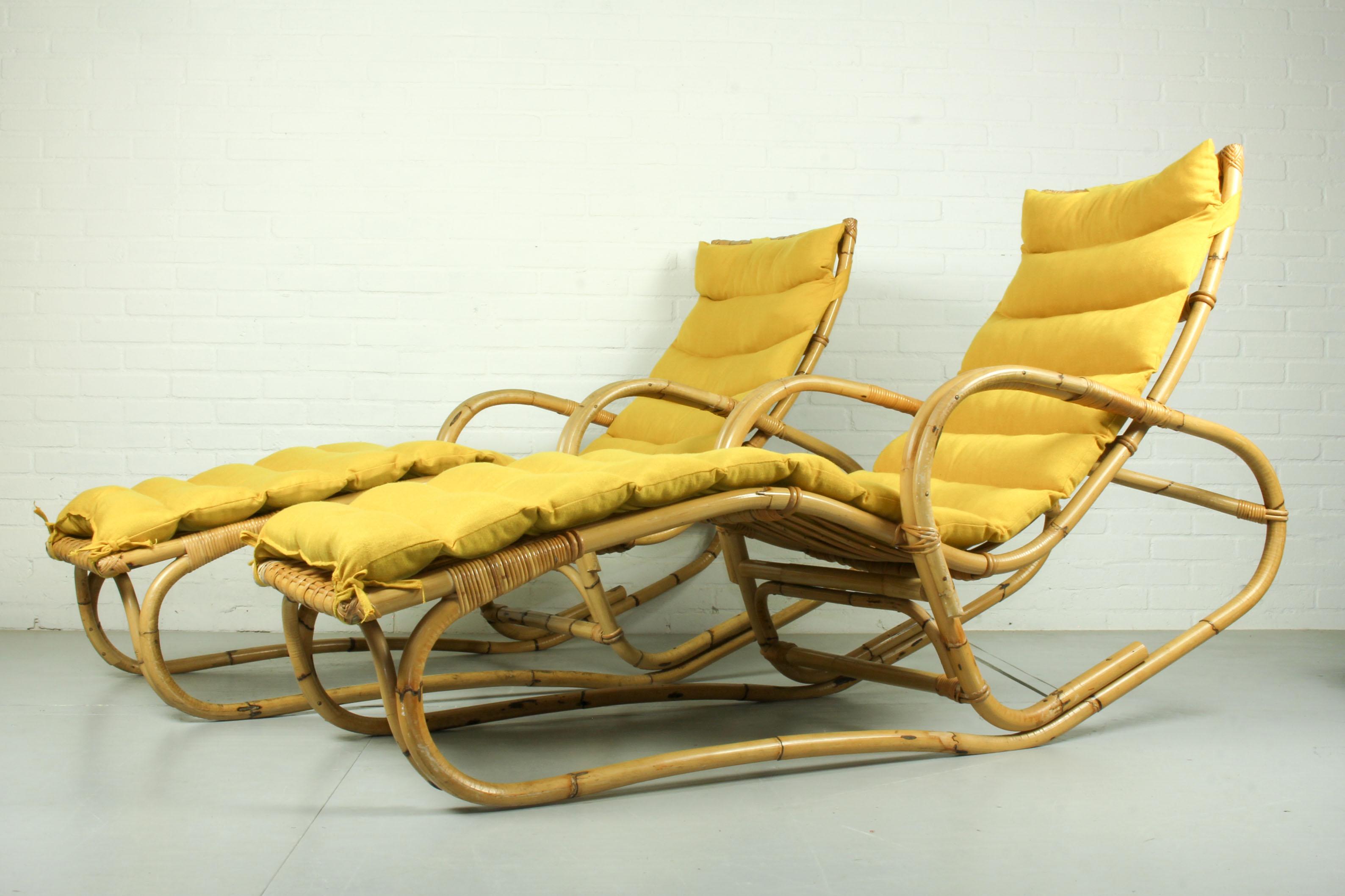 Pair of Vintage Rattan Bamboo Lounge Chairs, Chaisse Longue, 1960s 3