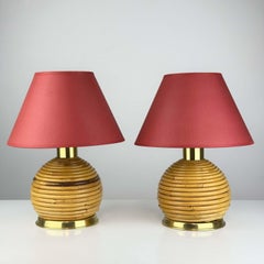 Pareja de lámparas de mesa vintage de ratán y bambú Pencil Reed, años 70