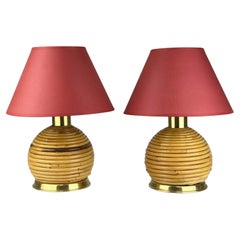 Pair of Vintage Rattan Bamboo Table Lamps Pencil Reed, 1970s