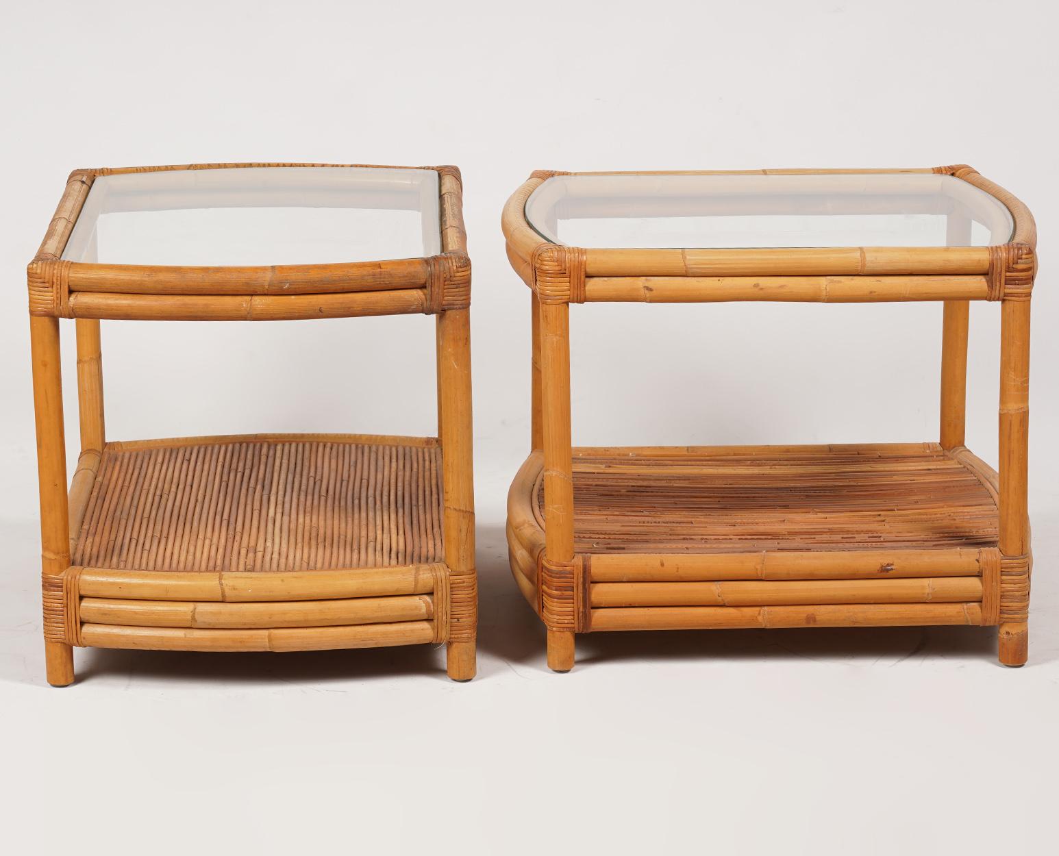 This pair of well designed rattan bamboo side tables feature a shaped glass top above the under tier covered with split pencil reed. The pencil reed, the curved ends and the proportions of the base make them especially attractive.