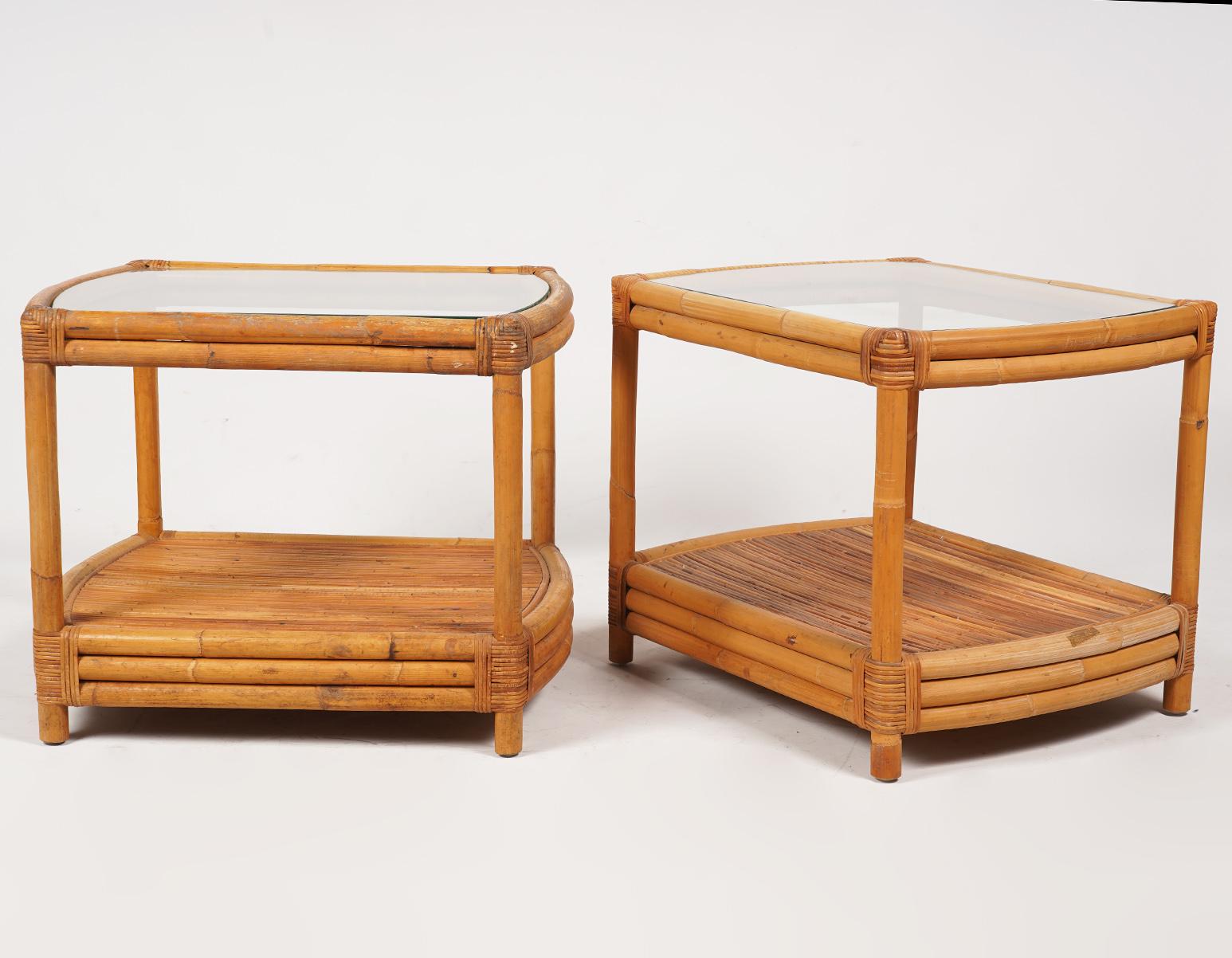 Pair of Vintage Rattan Bamboo Two-Tier Glass Top Curved End Side Tables In Good Condition In Ft. Lauderdale, FL