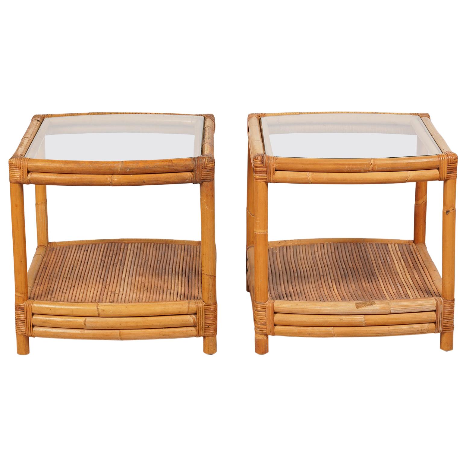 Pair of Vintage Rattan Bamboo Two-Tier Glass Top Curved End Side Tables