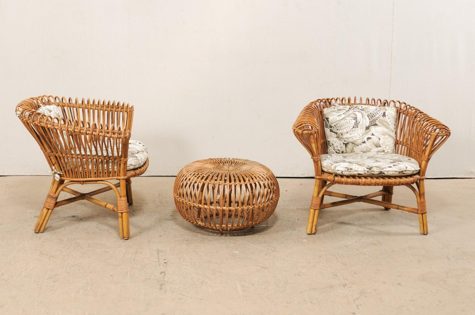Pair of Vintage Rattan Chairs and Ottoman Patio Set In Good Condition In Atlanta, GA