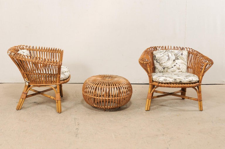 Pair of Vintage Rattan Chairs and Ottoman Patio Set at 1stDibs