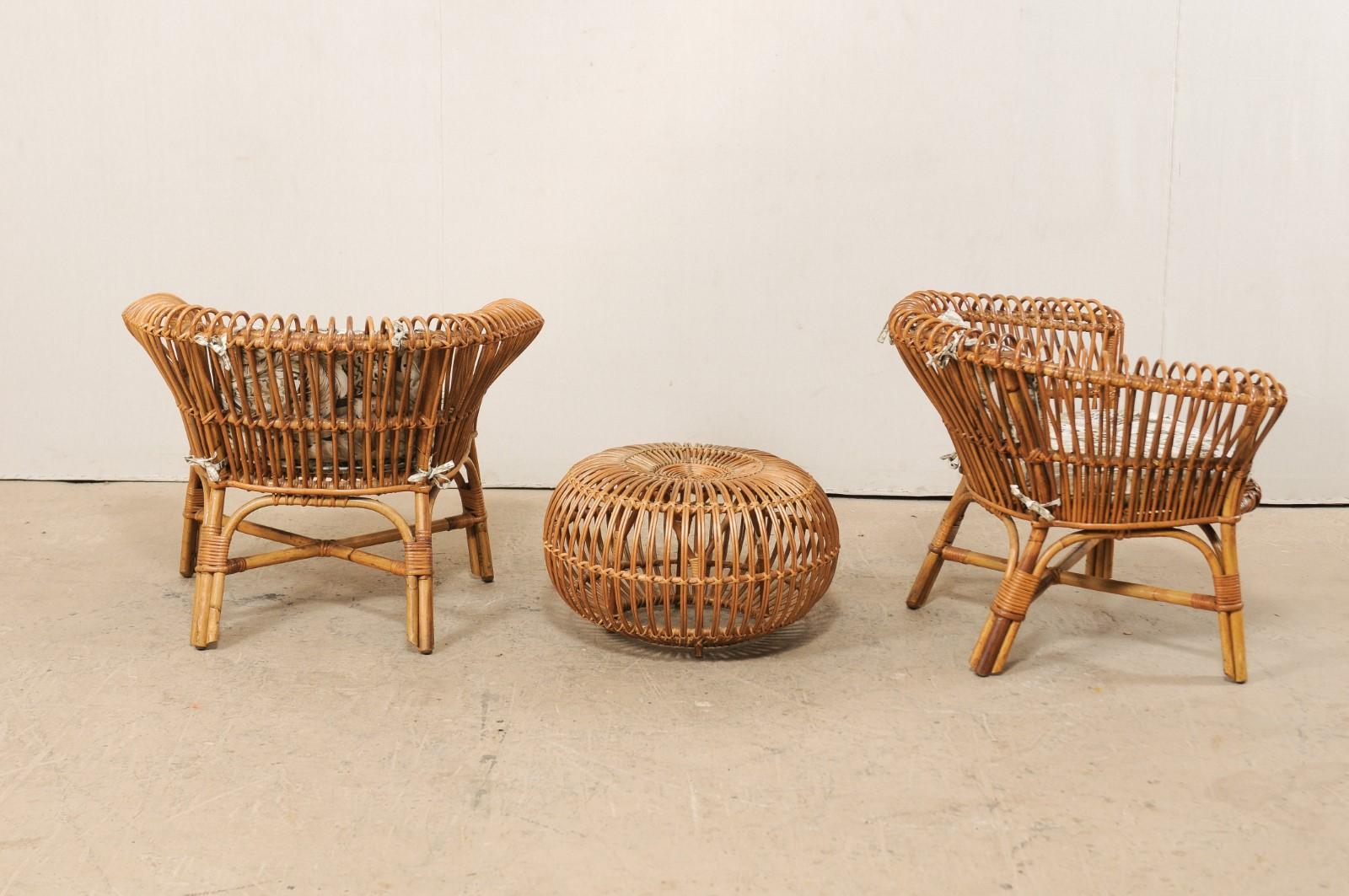 20th Century Pair of Vintage Rattan Chairs and Ottoman Patio Set