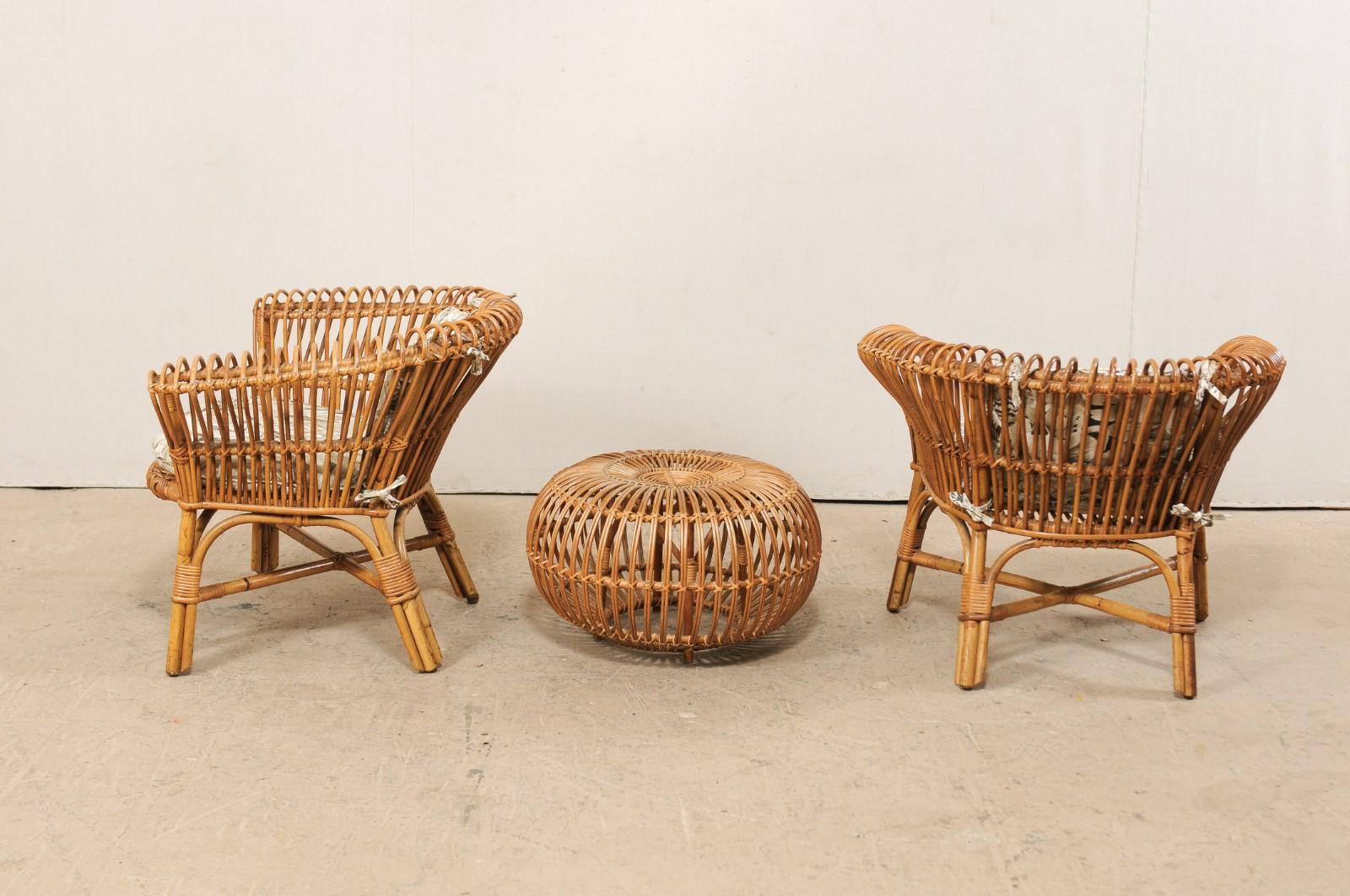 Linen Pair of Vintage Rattan Chairs and Ottoman Patio Set