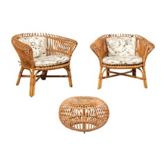 Pair of Vintage Rattan Chairs and Ottoman Patio Set