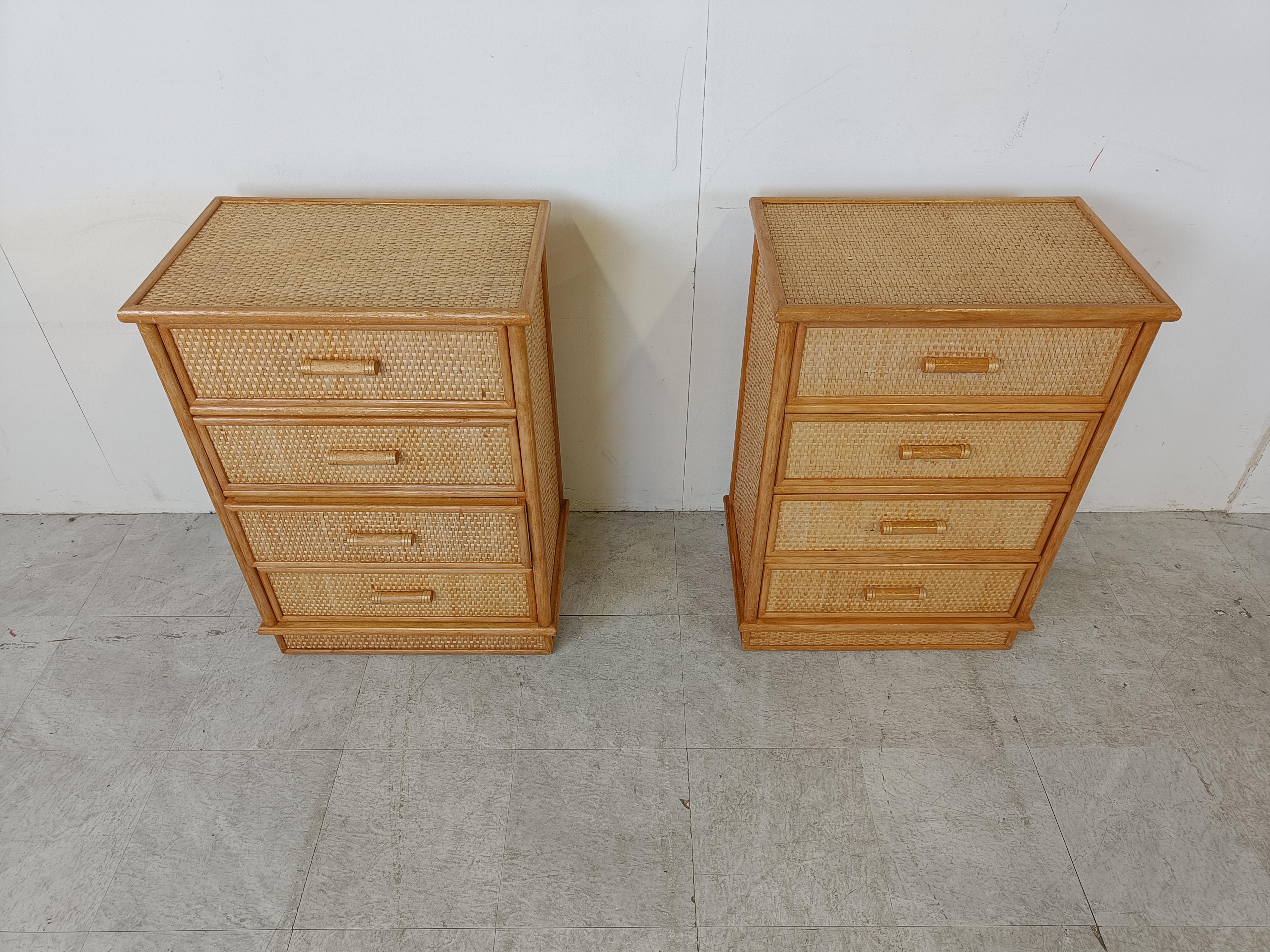 Pair of elegant vintage cabinets or small chest of drawers made from bamboo and rattan.

Bought from first owner who acquired them in the seventies.

Lovely pieces for a bathroom or bedroom.

1970s - France

Dimensions:

Lenght: 55cm/21.65