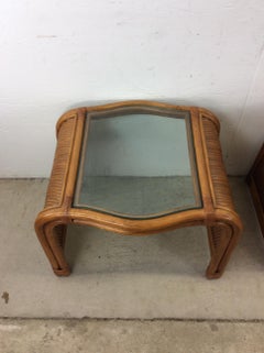 Pair of Vintage Rattan End Tables with Glass Top
