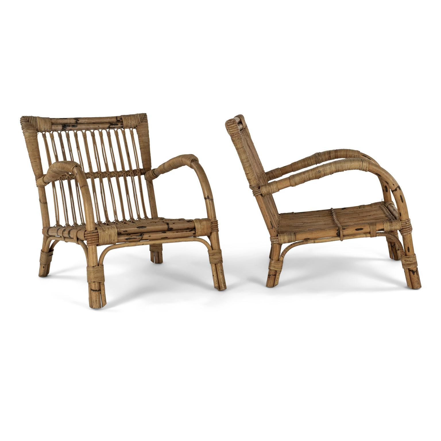 Rustic Pair of Vintage Rattan Lounge Armchairs