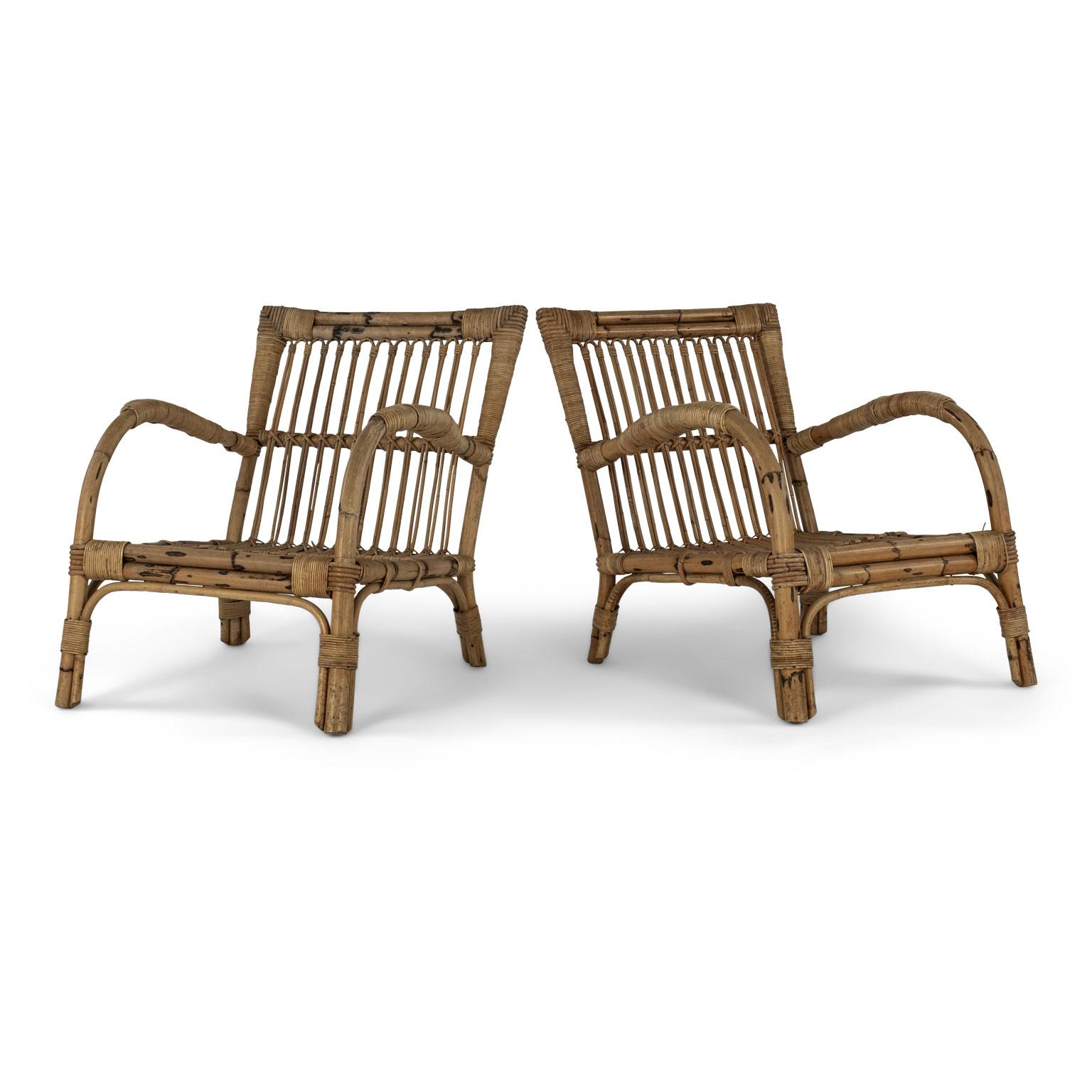 French Pair of Vintage Rattan Lounge Armchairs