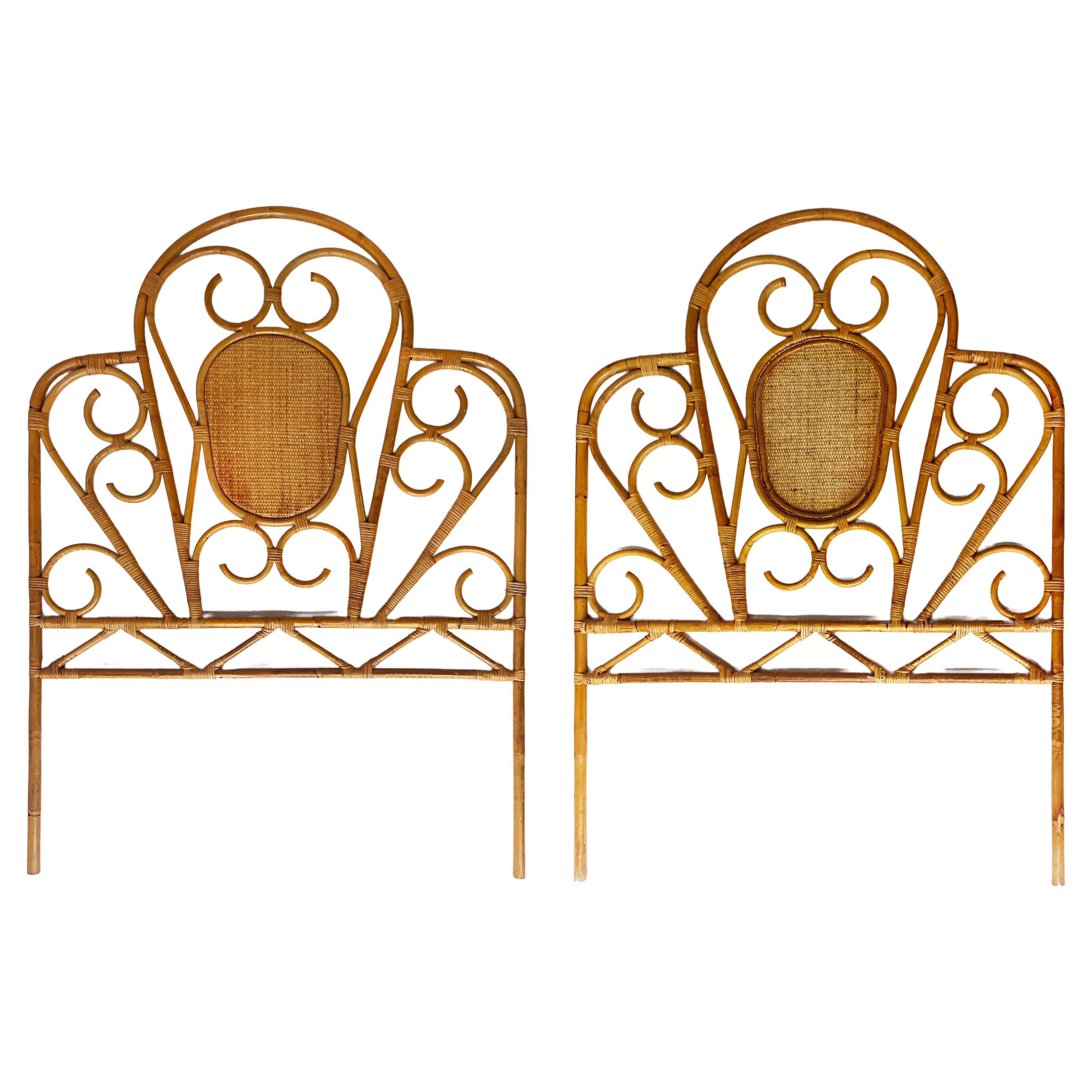 Pair of Vintage Rattan Reeded Twin Headboards with Cane Insets For Sale