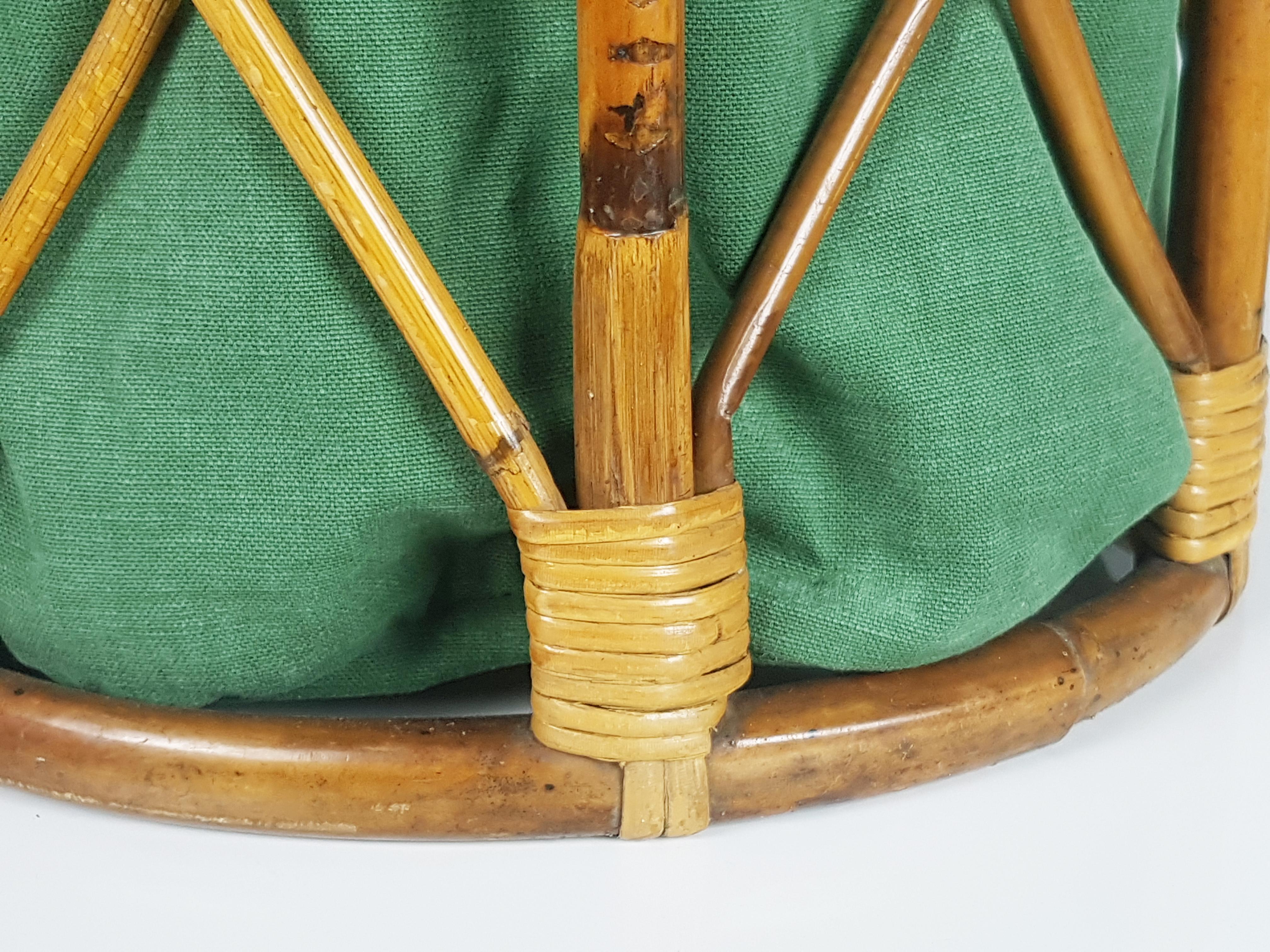 Pair of Vintage Rattan, Rush & Green Fabric Italian Stools/Basket, 1960s For Sale 9