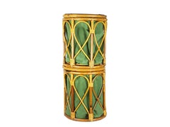 Pair of Vintage Rattan, Rush & Green Fabric Italian Stools/Basket, 1960s