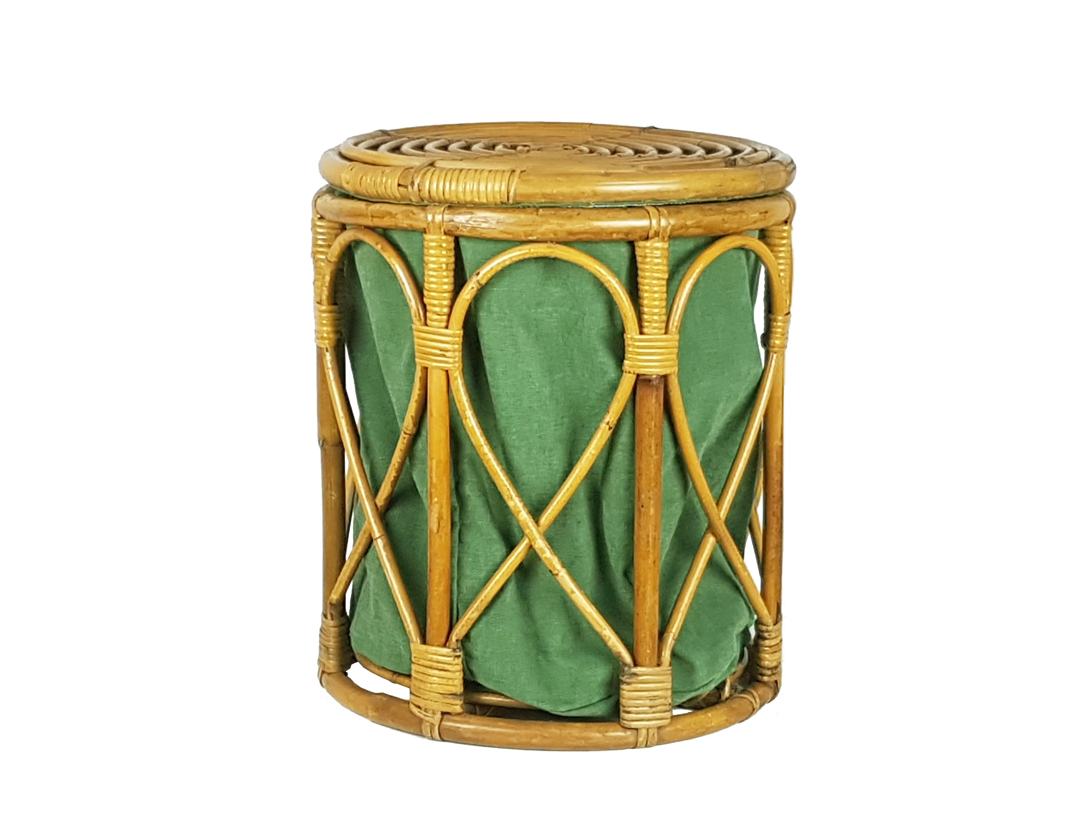Mid-Century Modern Pair of Vintage Rattan, Rush & Green Fabric Italian Stools/Basket, 1960s For Sale