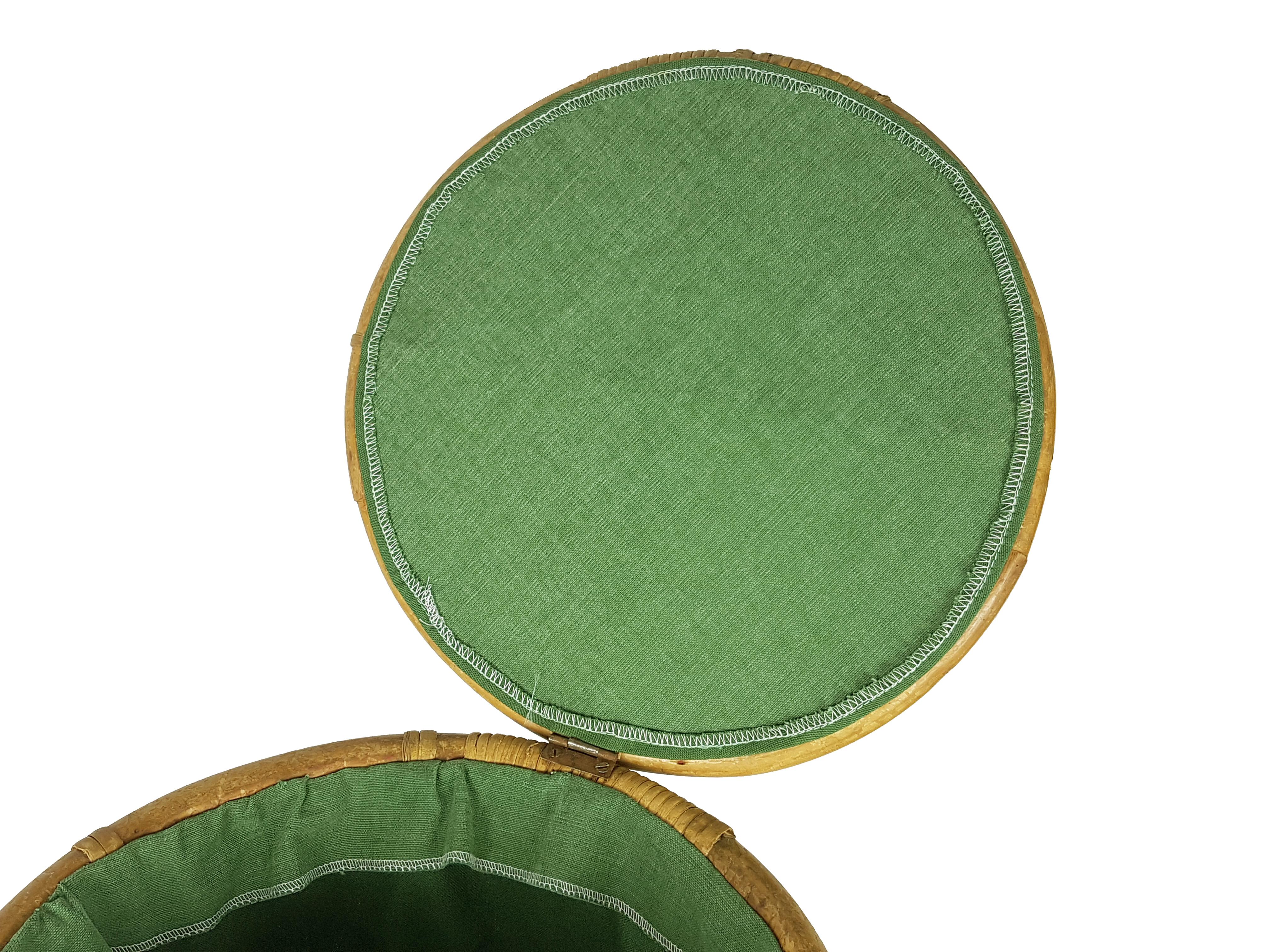 Mid-20th Century Pair of Vintage Rattan, Rush & Green Fabric Italian Stools/Basket, 1960s For Sale