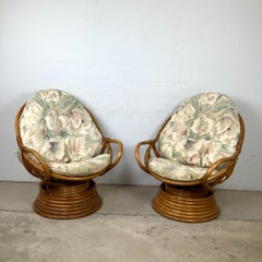 Pair of Vintage Rattan Swivel Egg Lounge Chairs, Stacked Pedestal Base, Tufted C