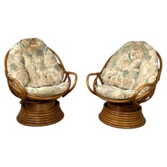 Pair of Vintage Rattan Swivel Egg Lounge Chairs, Stacked Pedestal Base, Tufted C