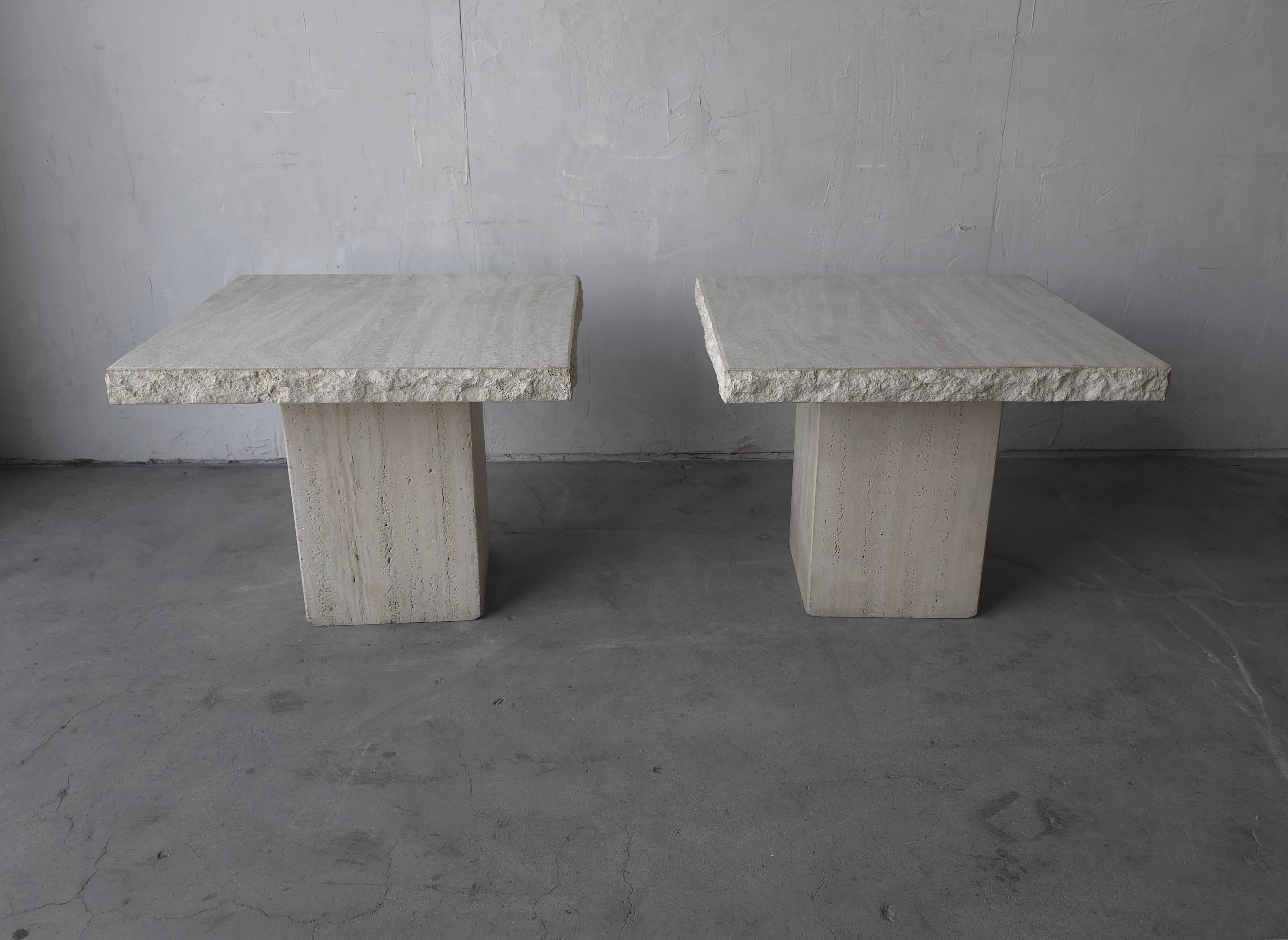 Post-Modern Pair of Vintage Raw  Edge Travertine Side Tables For Sale