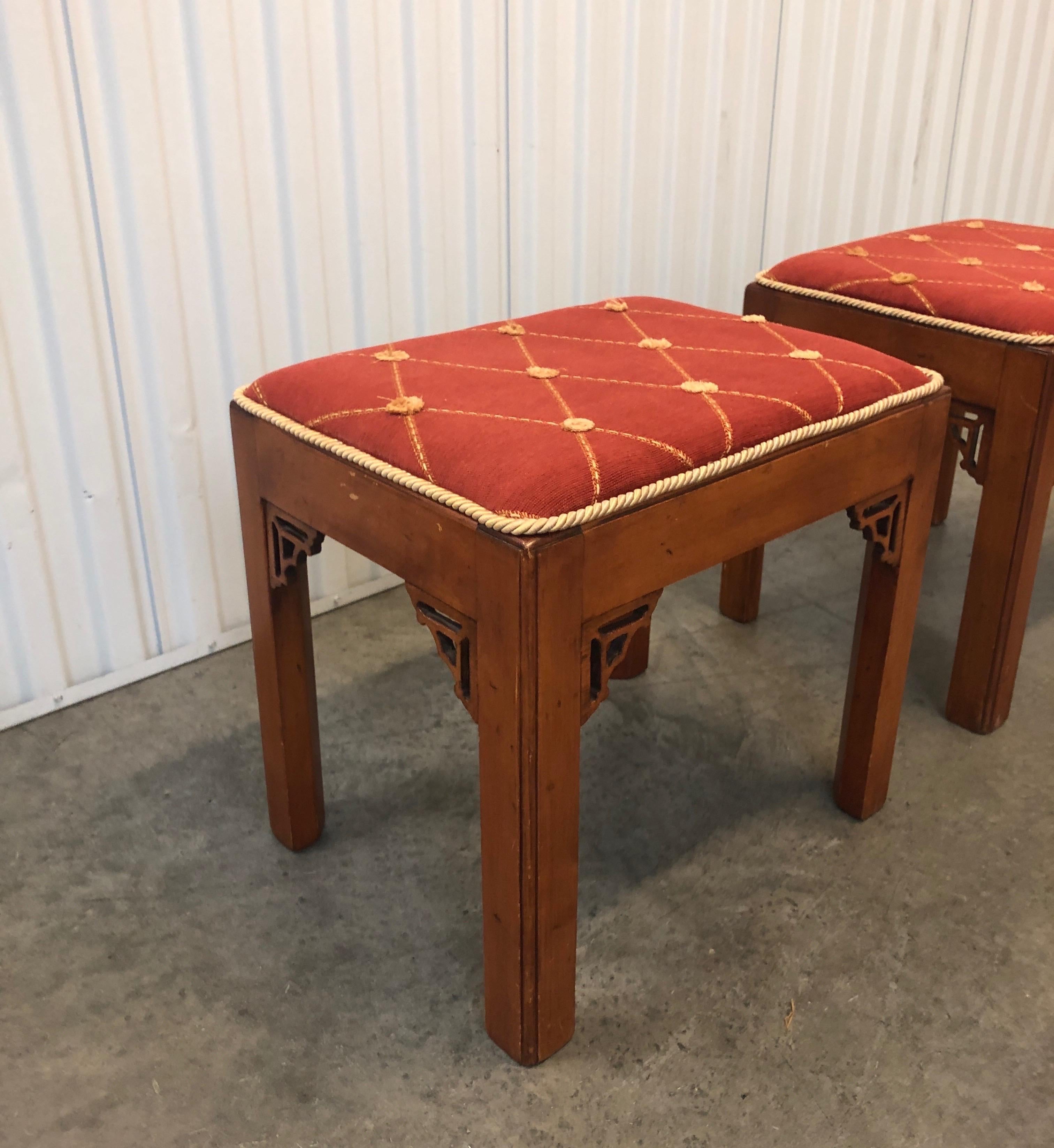 Pair of vintage rectangular fretwork upholstered benches
with newly burnt orange upholstery and trim.
Size: 18.5” W x 14.5” D x 17” H.