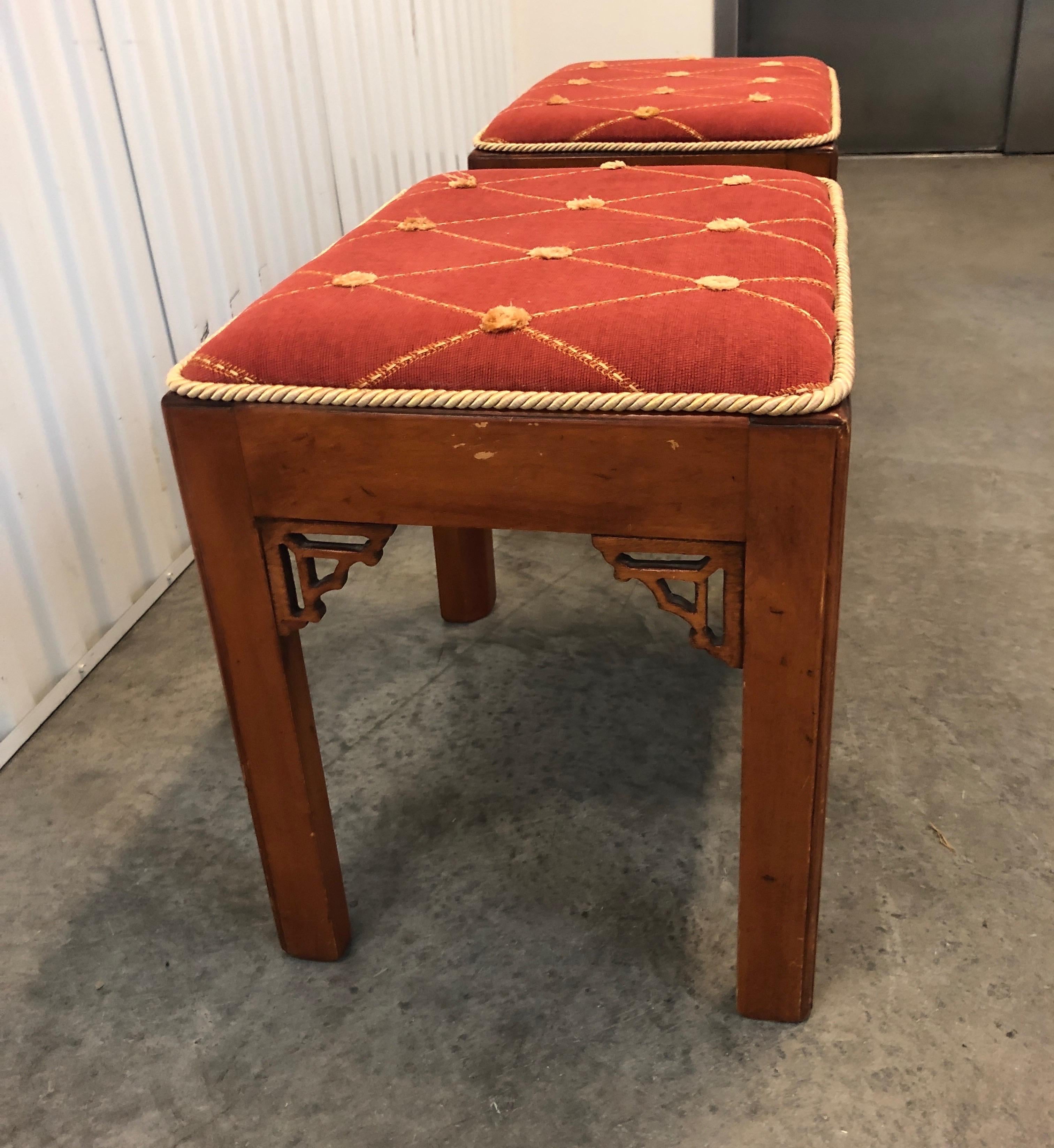 Bohemian Pair of Vintage Rectangular Fretwork Upholstered Benches