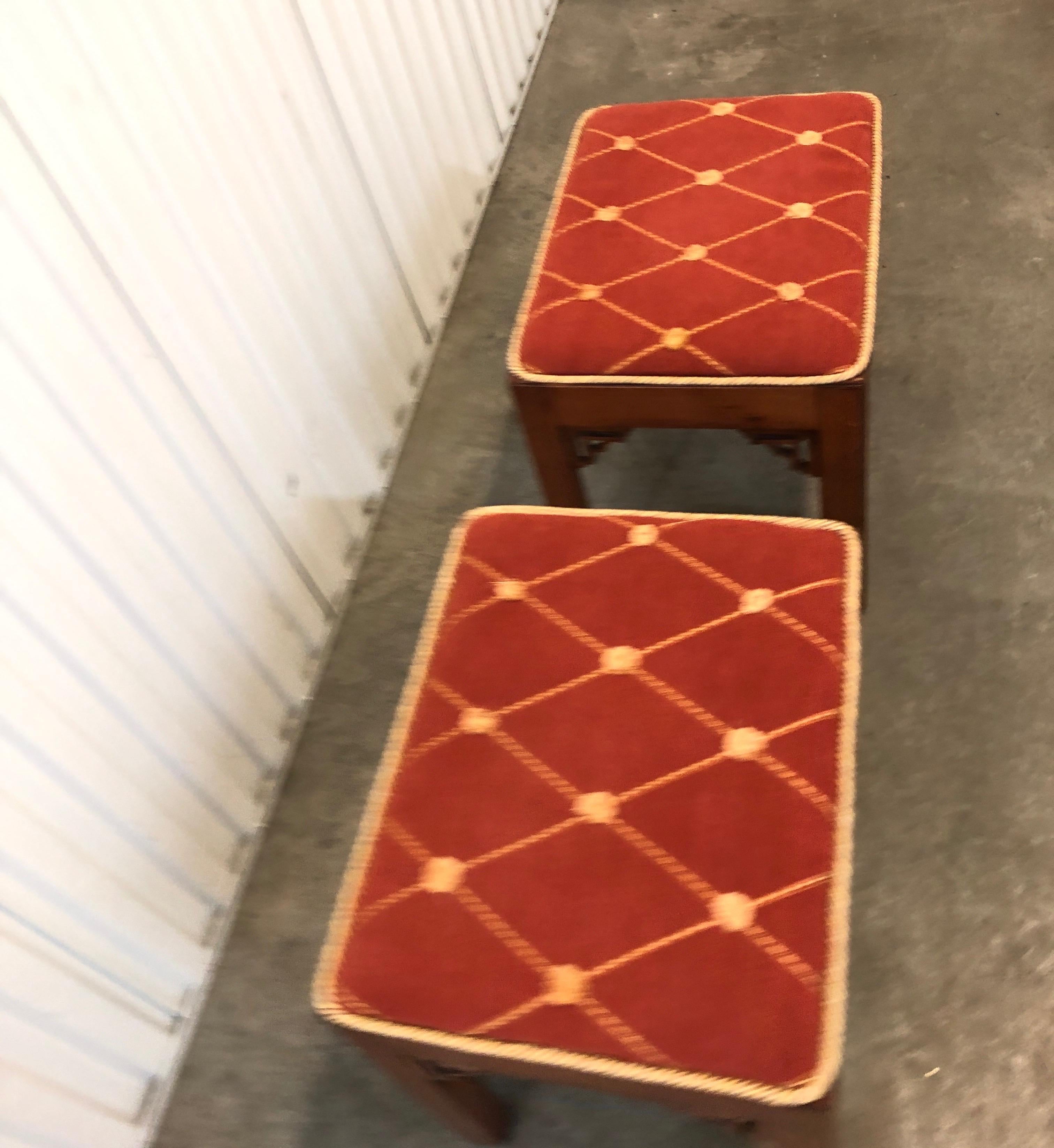 Asian Pair of Vintage Rectangular Fretwork Upholstered Benches