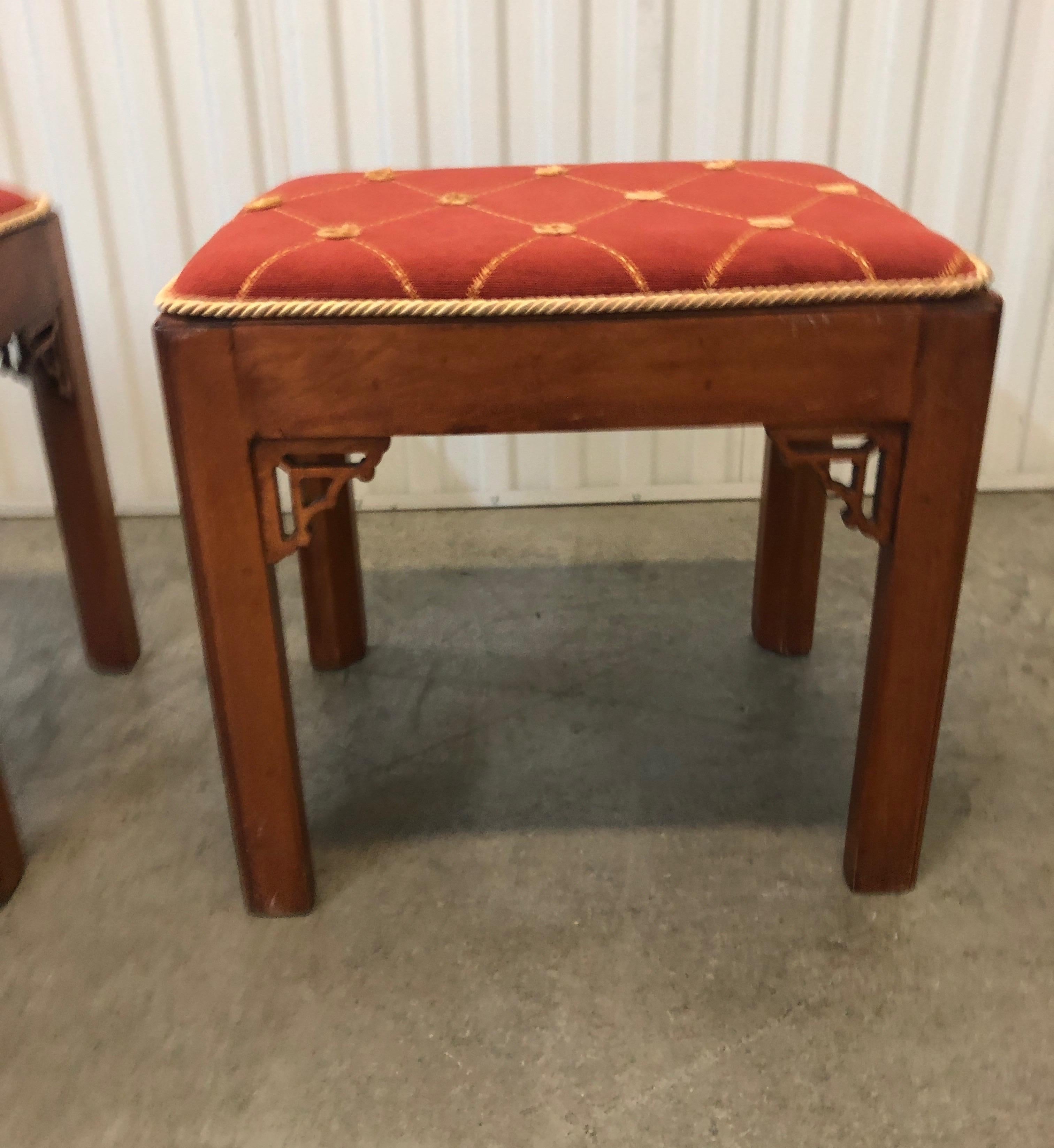 Pair of Vintage Rectangular Fretwork Upholstered Benches In Good Condition In Oakland Park, FL
