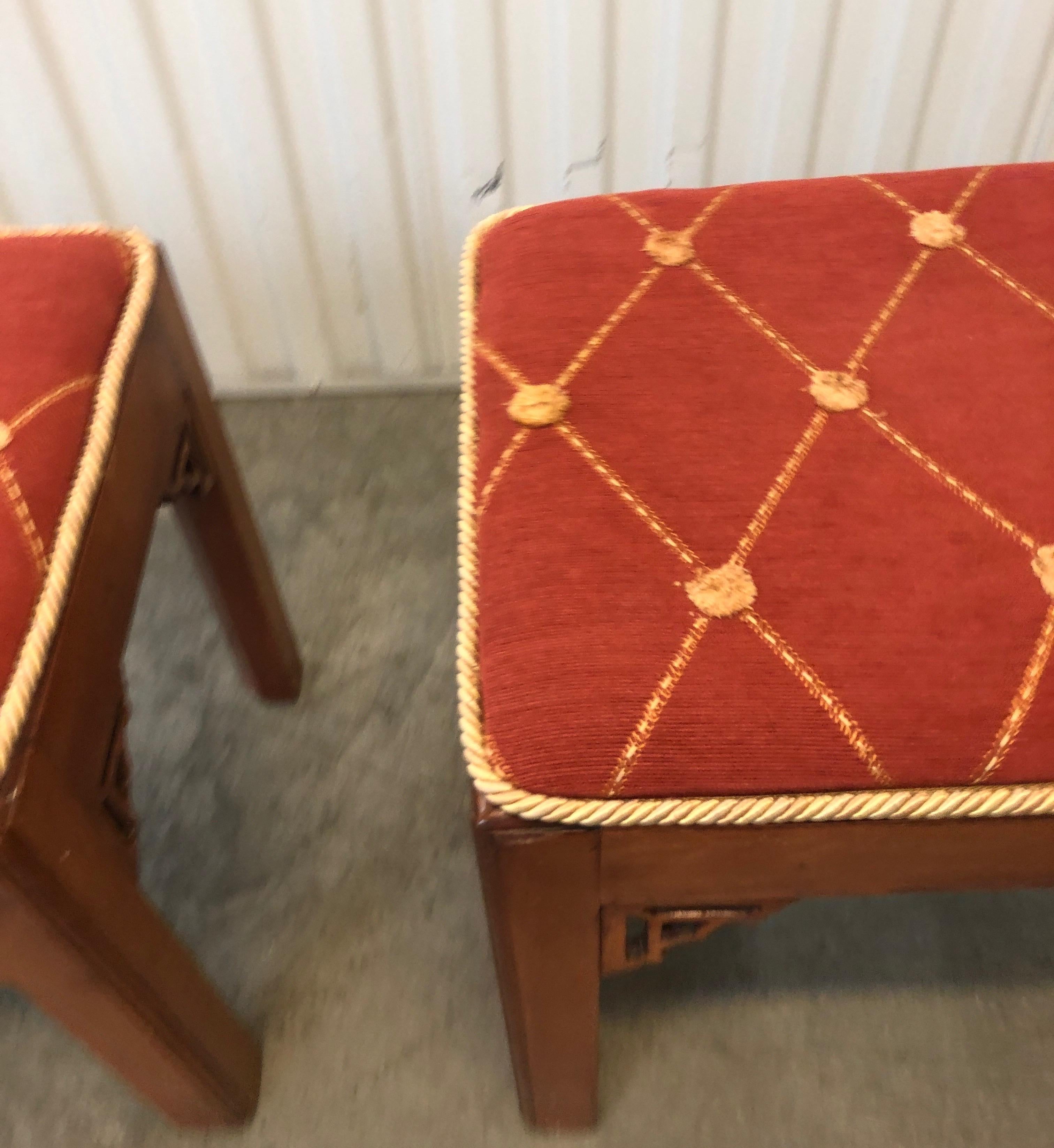 Late 20th Century Pair of Vintage Rectangular Fretwork Upholstered Benches