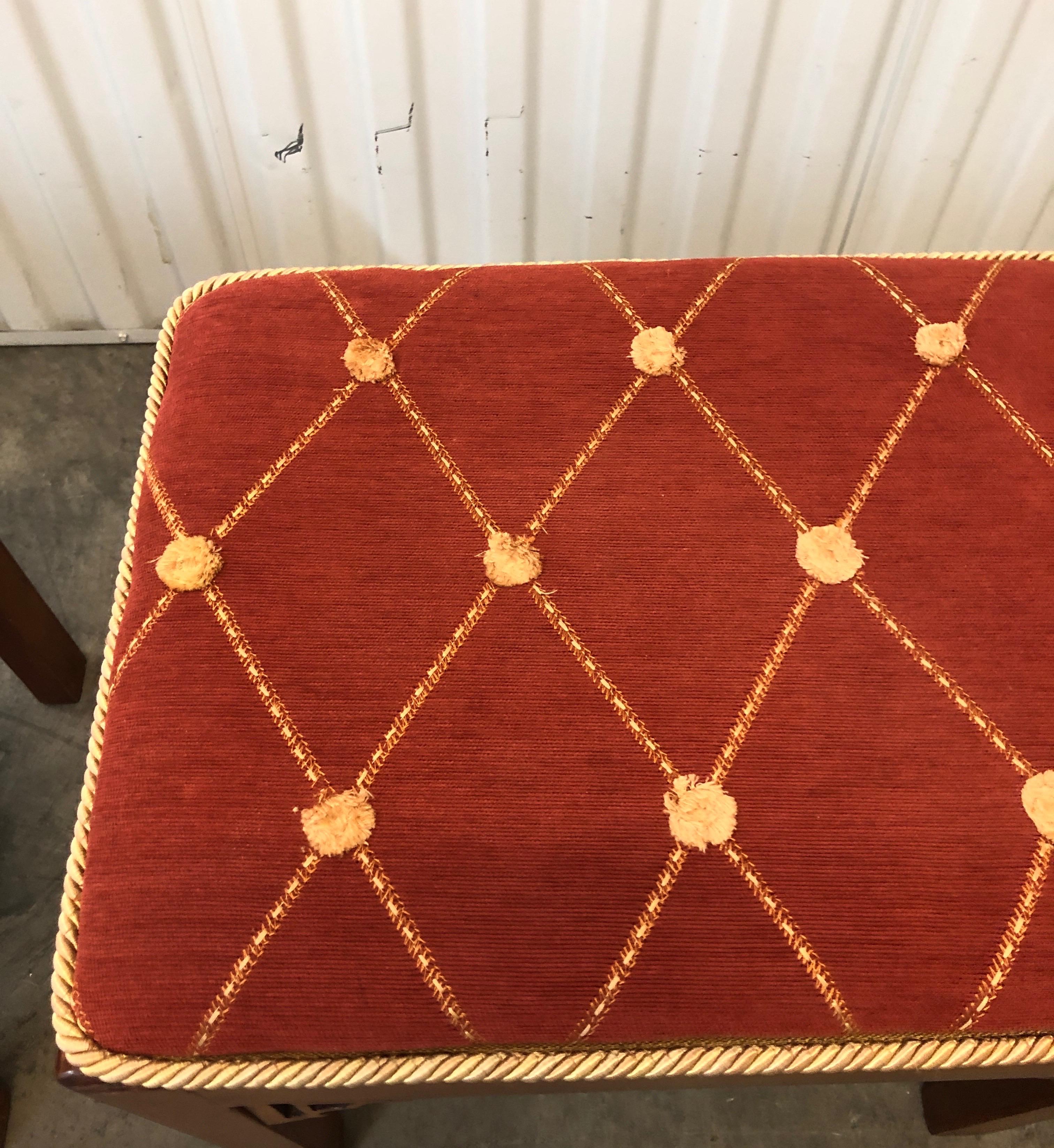 Textile Pair of Vintage Rectangular Fretwork Upholstered Benches