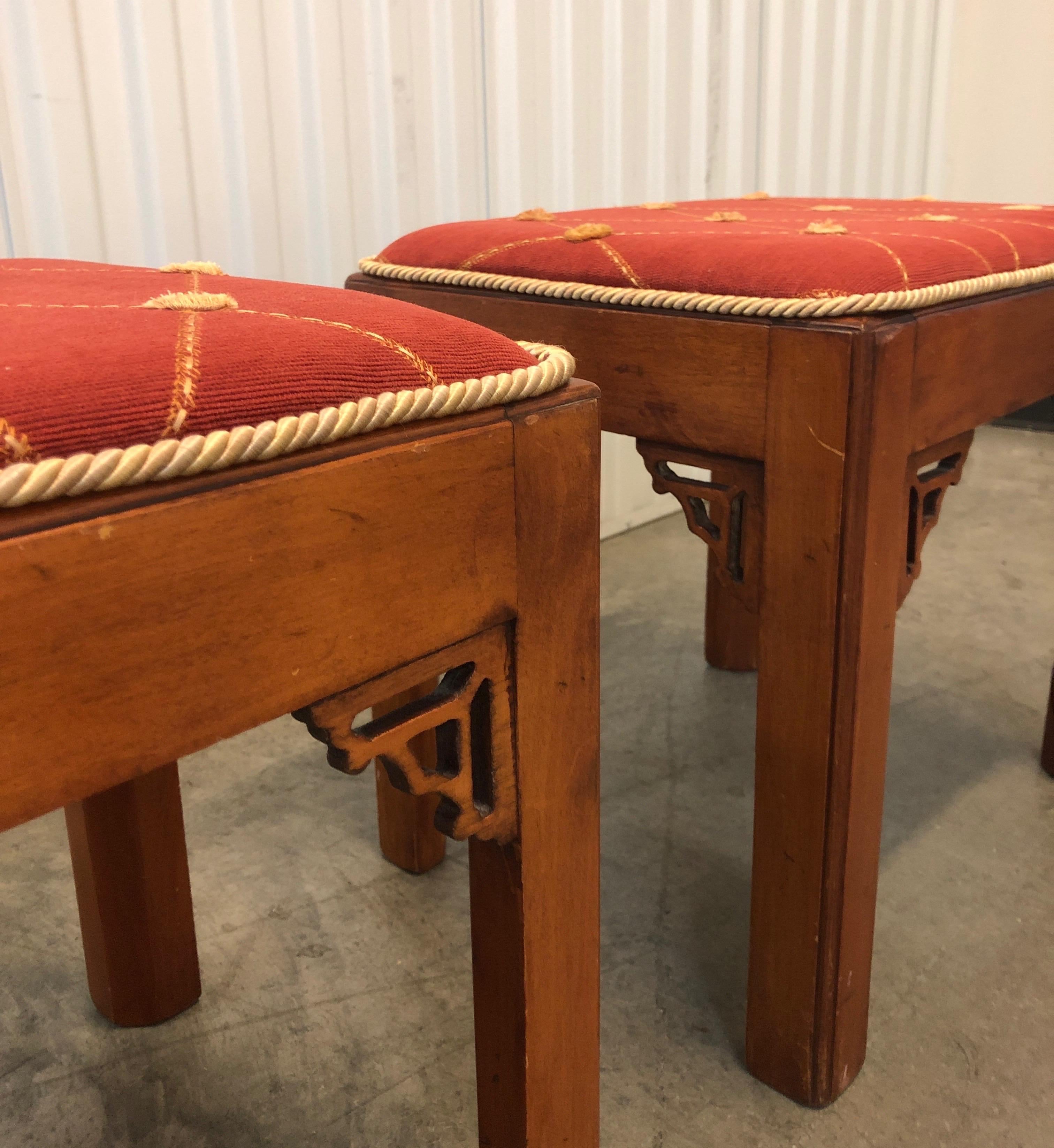 Pair of Vintage Rectangular Fretwork Upholstered Benches 1