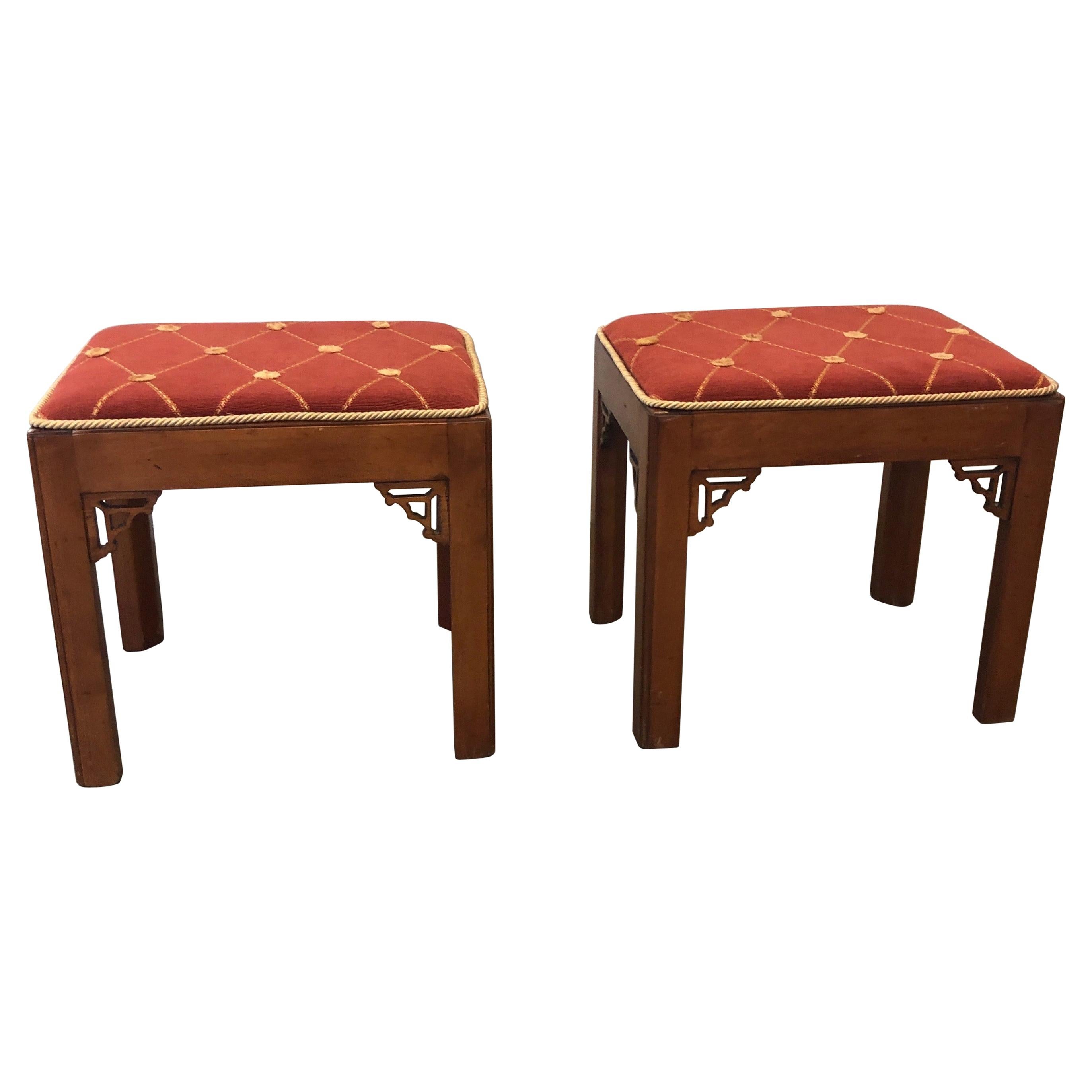 Pair of Vintage Rectangular Fretwork Upholstered Benches