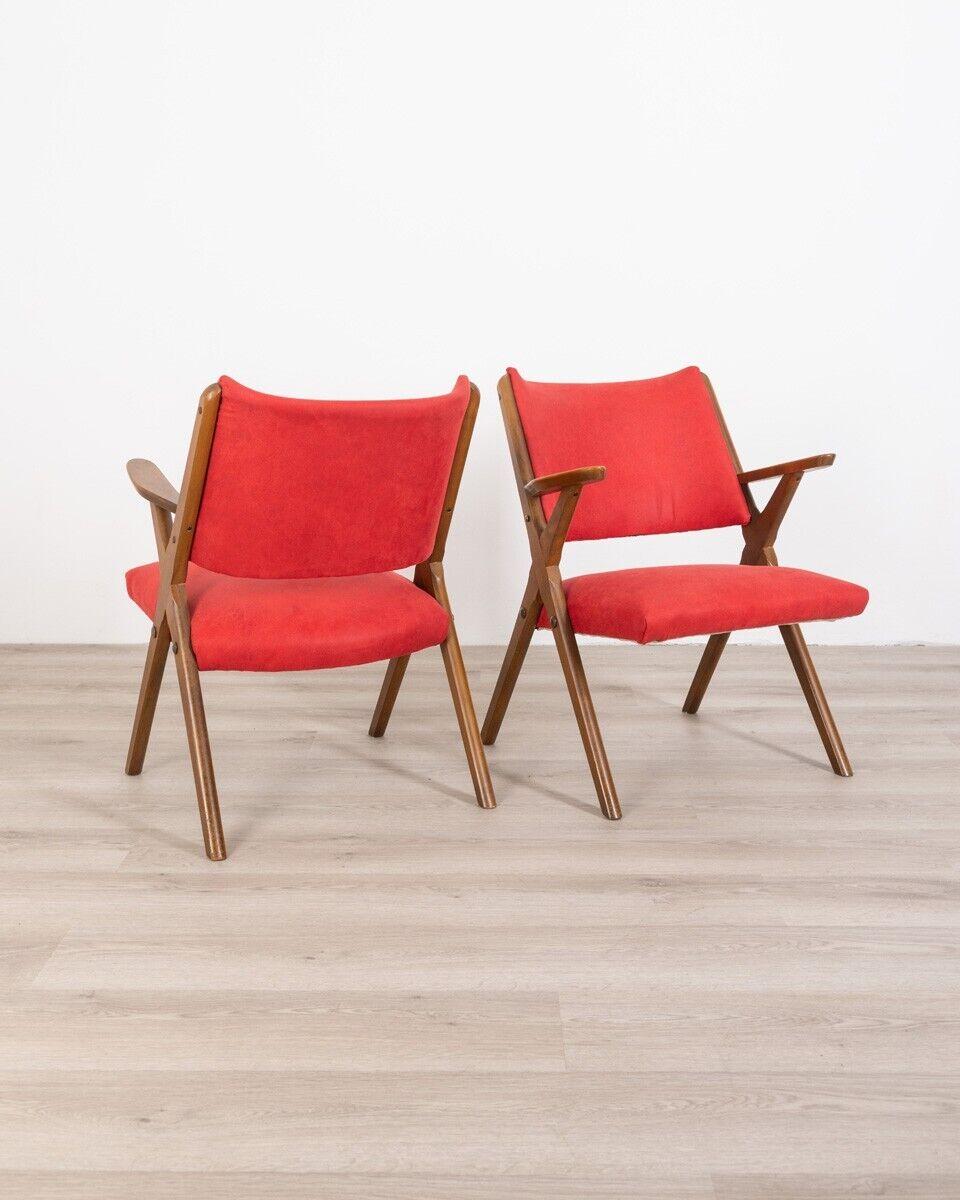 Pair of beech wood armchairs with red eco-leather seat, Dal Vera design, 1960s.

CONDITIONS: In excellent condition, it may show slight signs of wear due to time, the seat has been reupholstered.

DIMENSIONS: Height 73 cm; Width 60 cm; Length 60