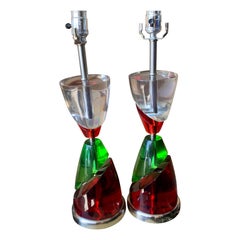 Pair Of Van Teal Style Red And Green Lucite Table Lamps