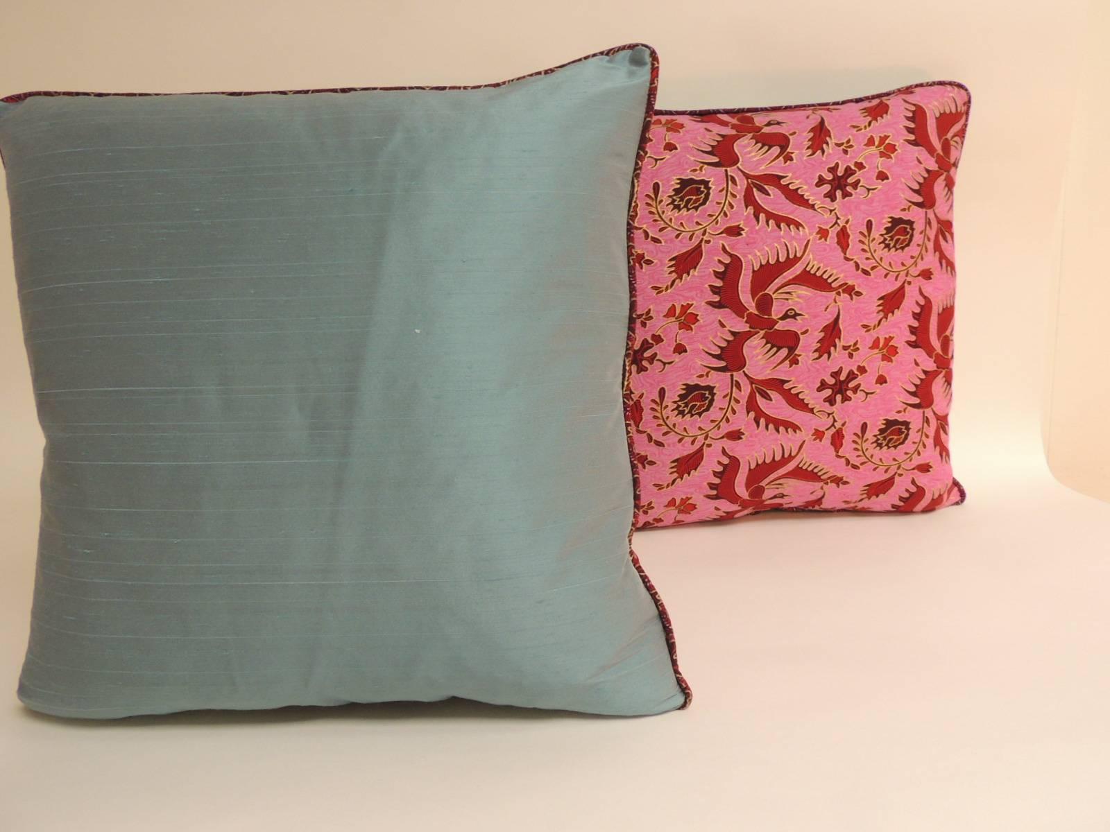 Asian Pair of Vintage Red and Pink Hand-Blocked Batik Decorative Pillows