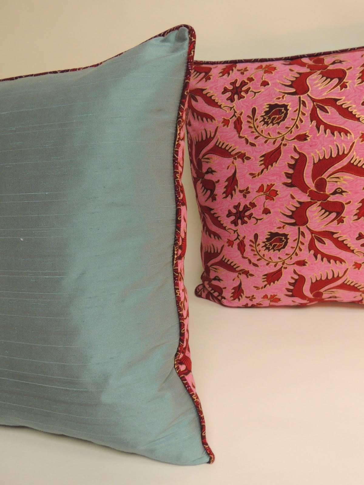 Hand-Crafted Pair of Vintage Red and Pink Hand-Blocked Batik Decorative Pillows