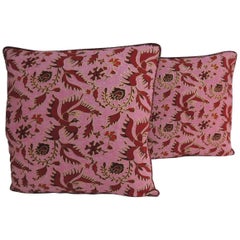 Pair of Vintage Red and Pink Hand-Blocked Batik Decorative Pillows