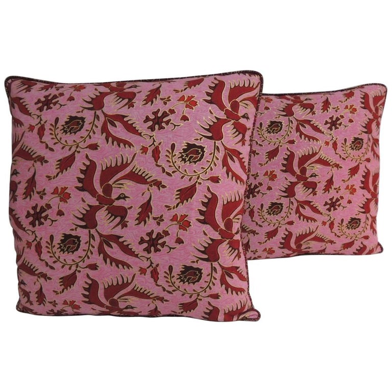 Pair Of Vintage Red And Pink Silk Batik Decorative Pillows For