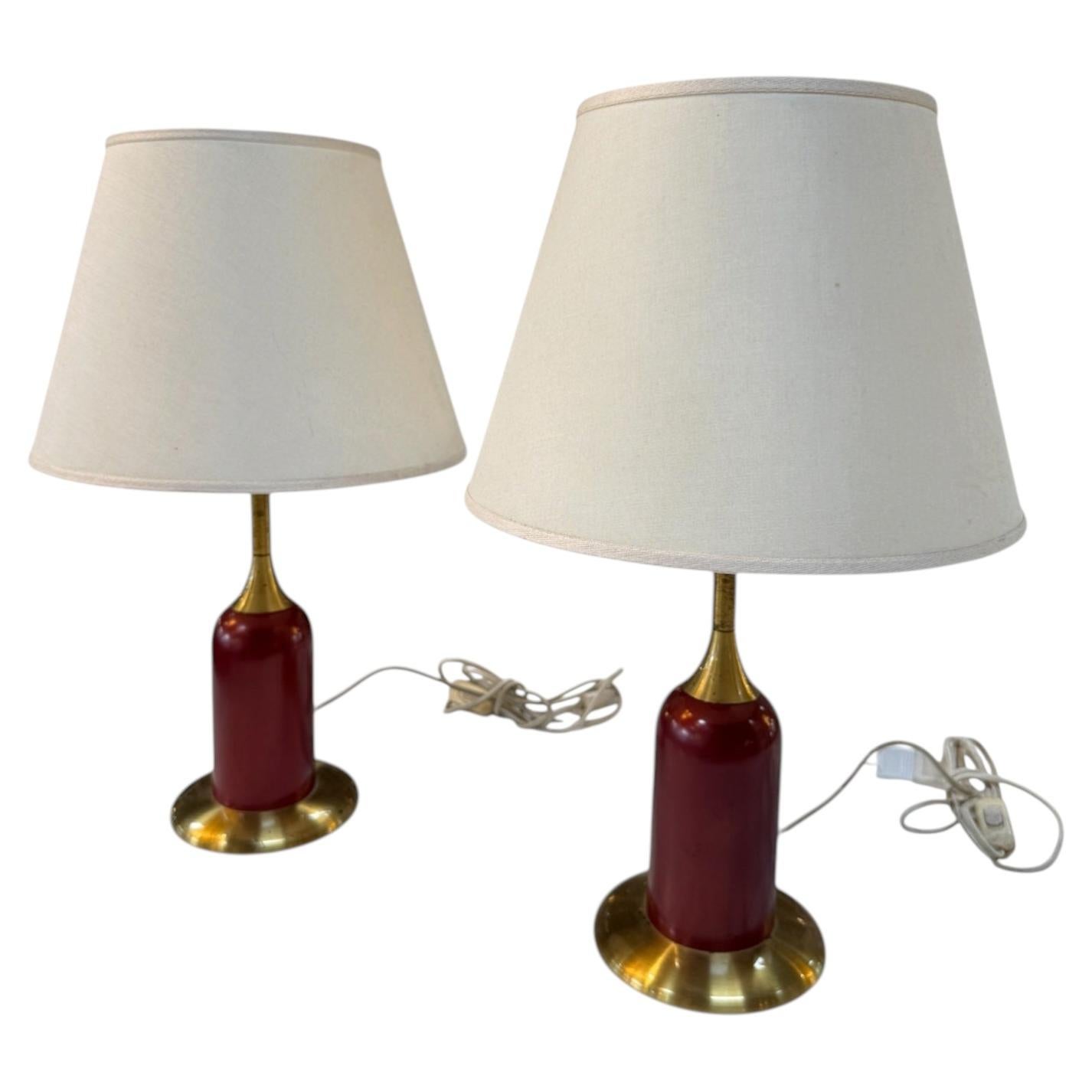 Pair of Vintage Red & Brass Table Lamps with Linen Shades