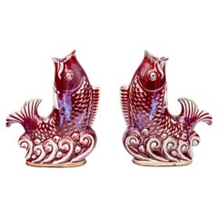 Pair Of Vintage Red Flambe Glaze Pottery Fish Vases