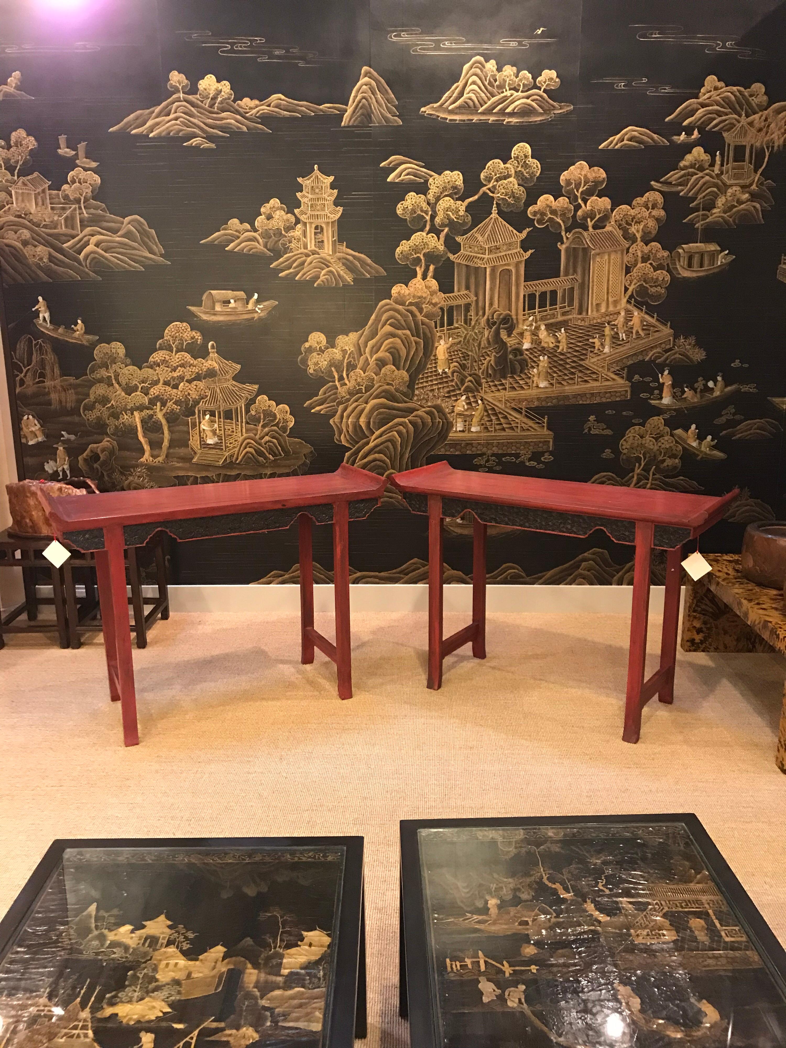 Chinese Pair of Vintage Red Lacquer Consoles For Sale