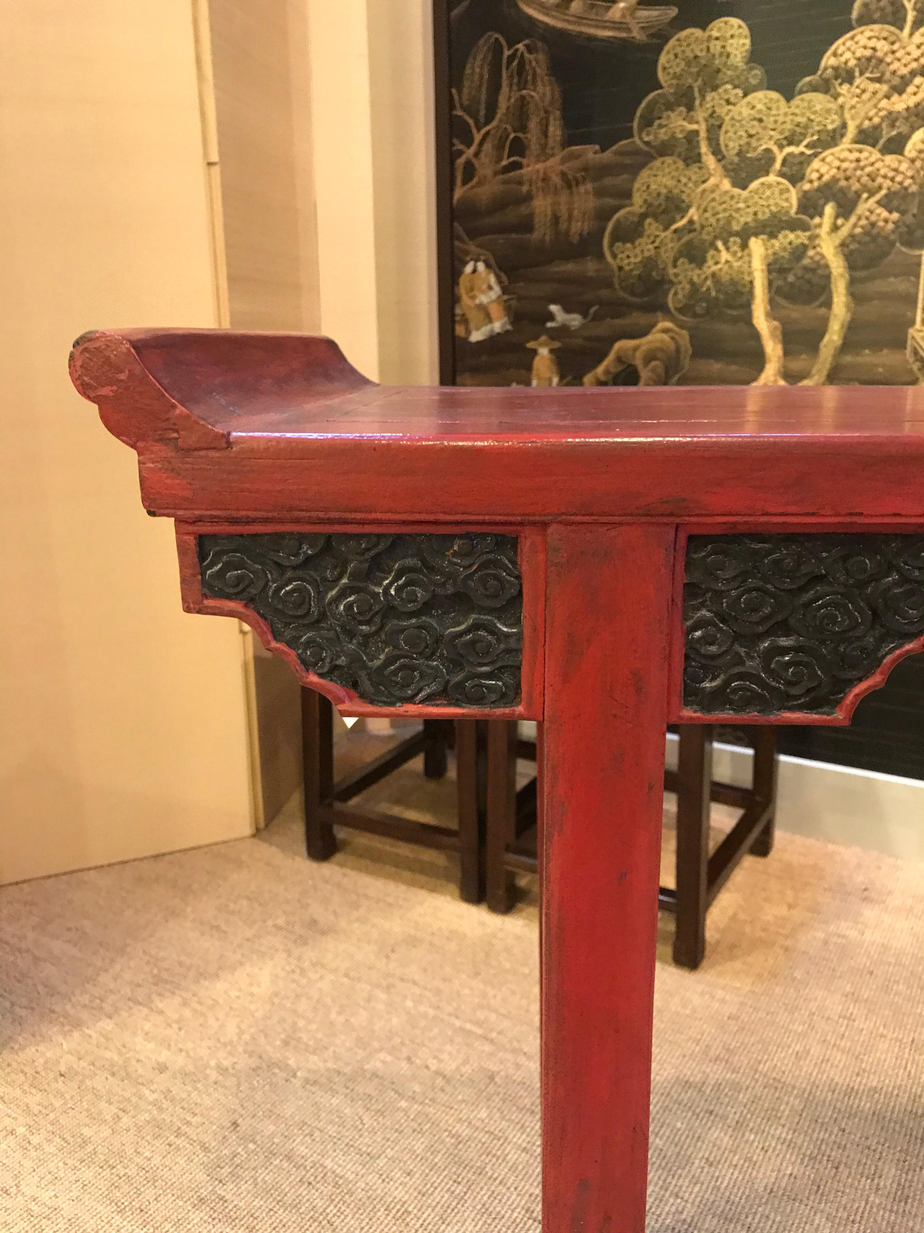Lacquered Pair of Vintage Red Lacquer Consoles For Sale
