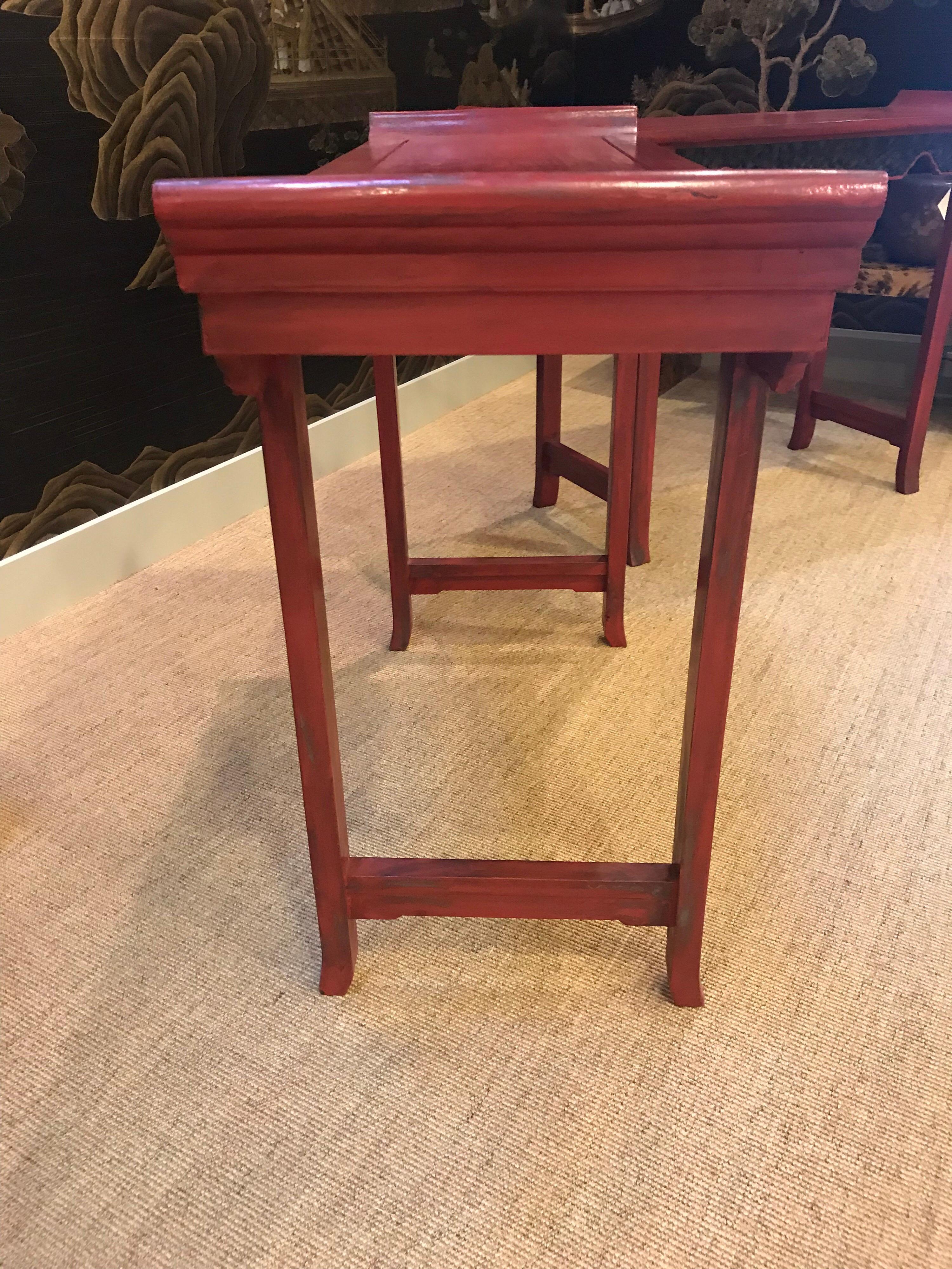 Pair of Vintage Red Lacquer Consoles In Good Condition For Sale In New York, NY