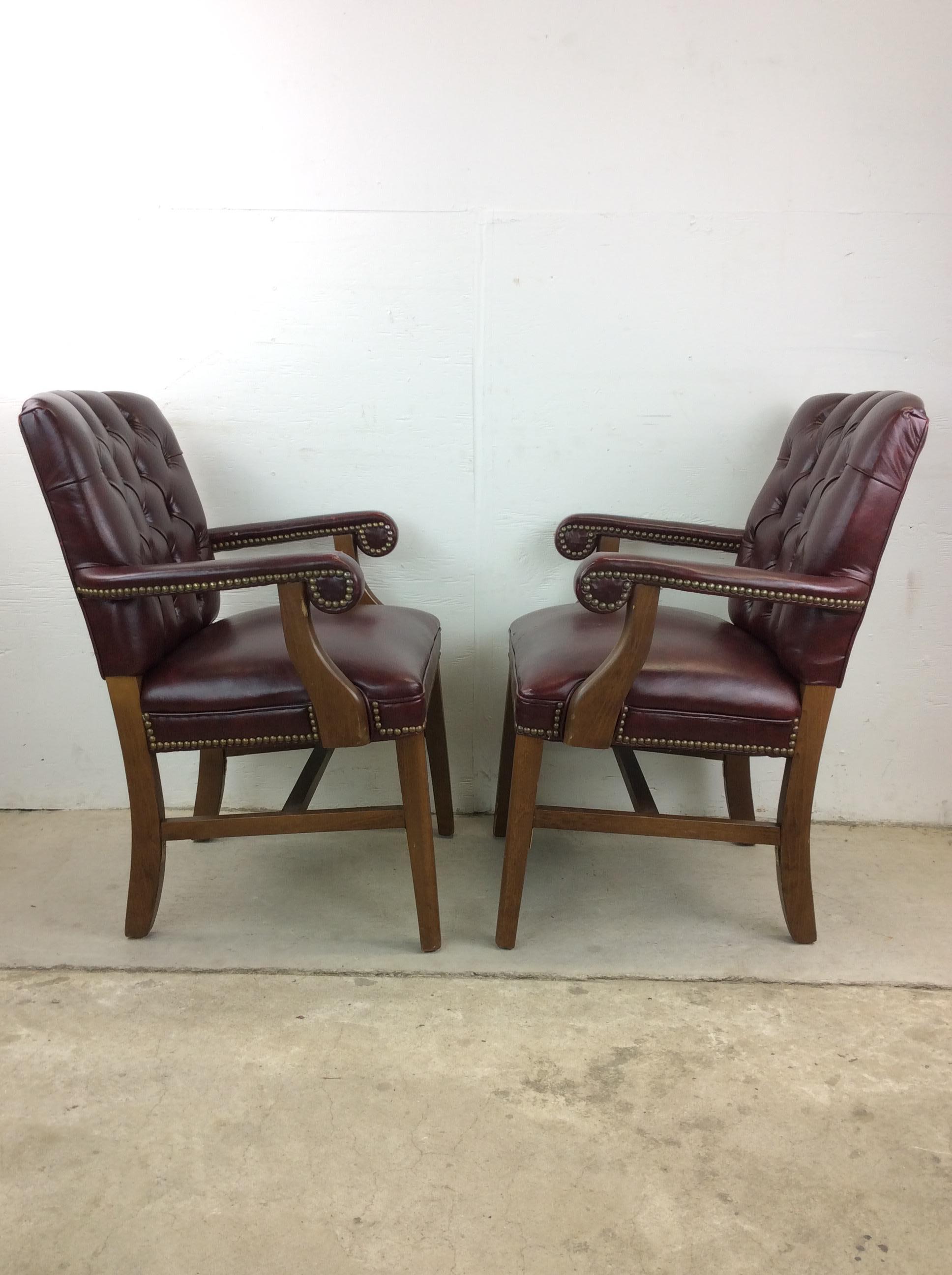 Pair of Vintage Red Tufted Leather Arm Chairs For Sale 13