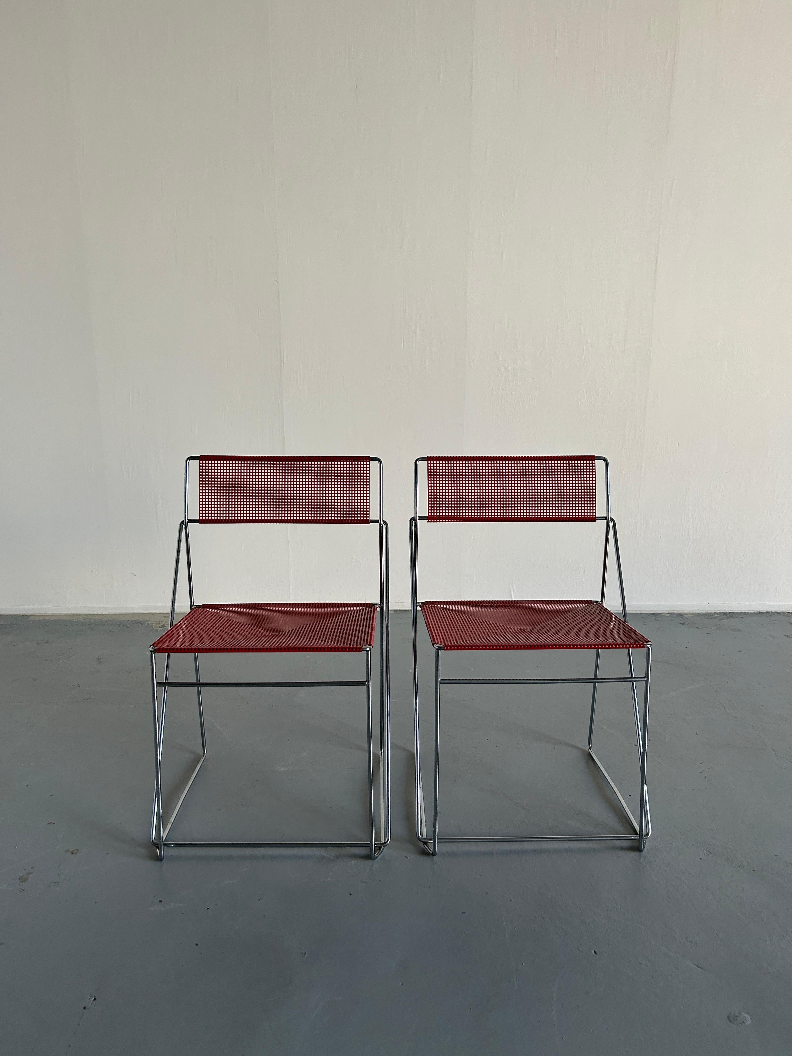 Post-Modern Pair of Vintage Red 'X-Line' Chromed and Lacquered Chairs, Niels Jørgen Haugesen