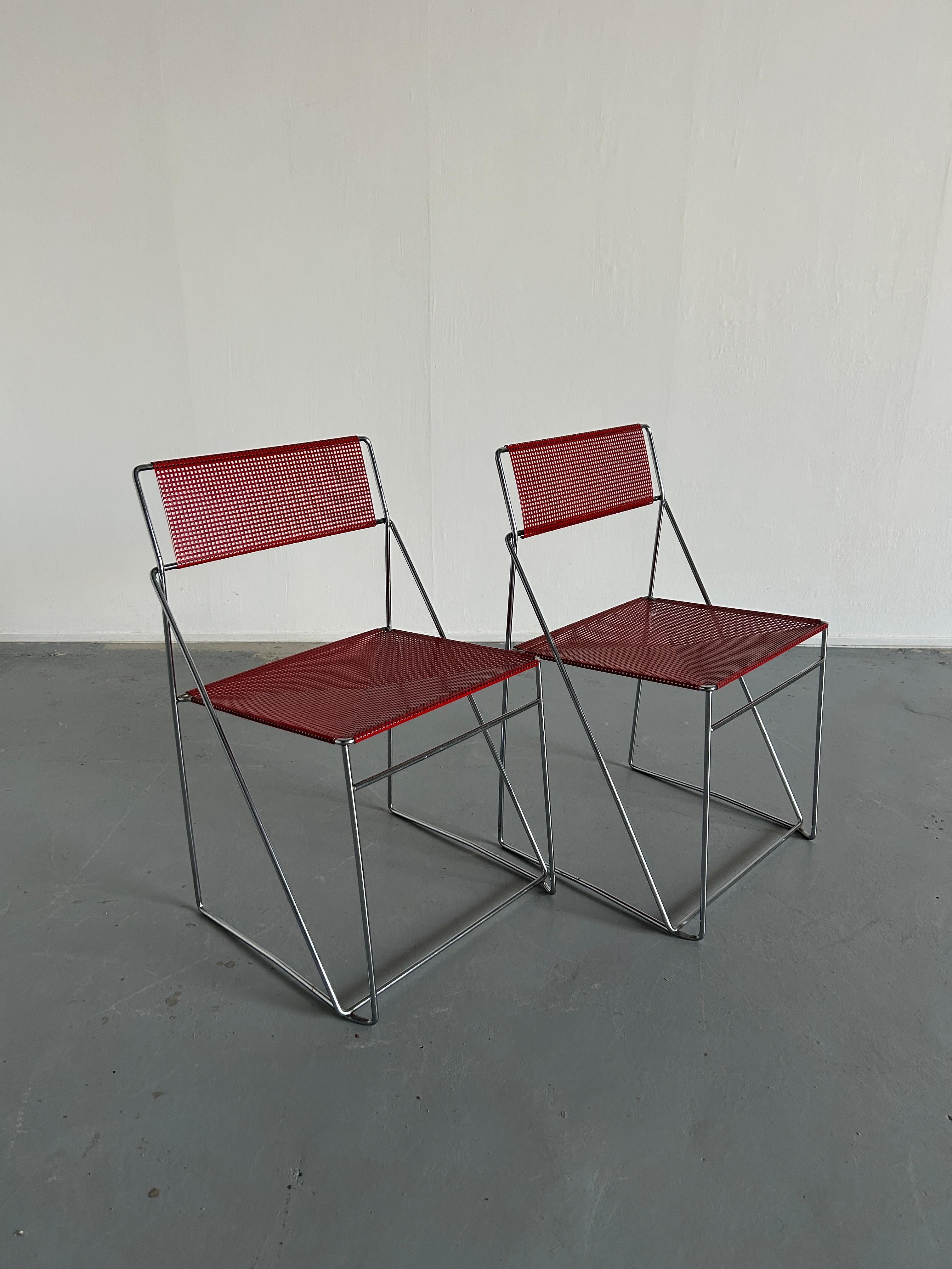 Pair of Vintage Red 'X-Line' Chromed and Lacquered Chairs, Niels Jørgen Haugesen In Good Condition In Zagreb, HR