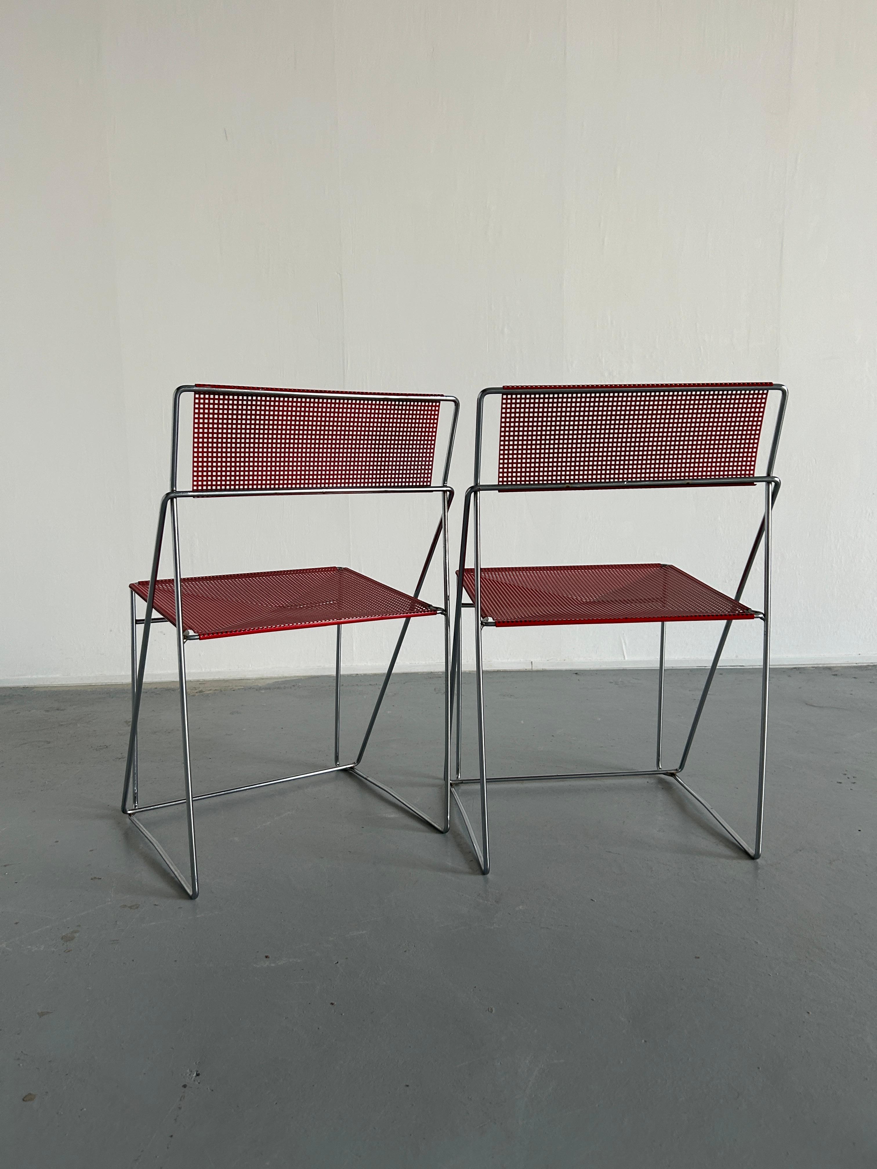 Late 20th Century Pair of Vintage Red 'X-Line' Chromed and Lacquered Chairs, Niels Jørgen Haugesen