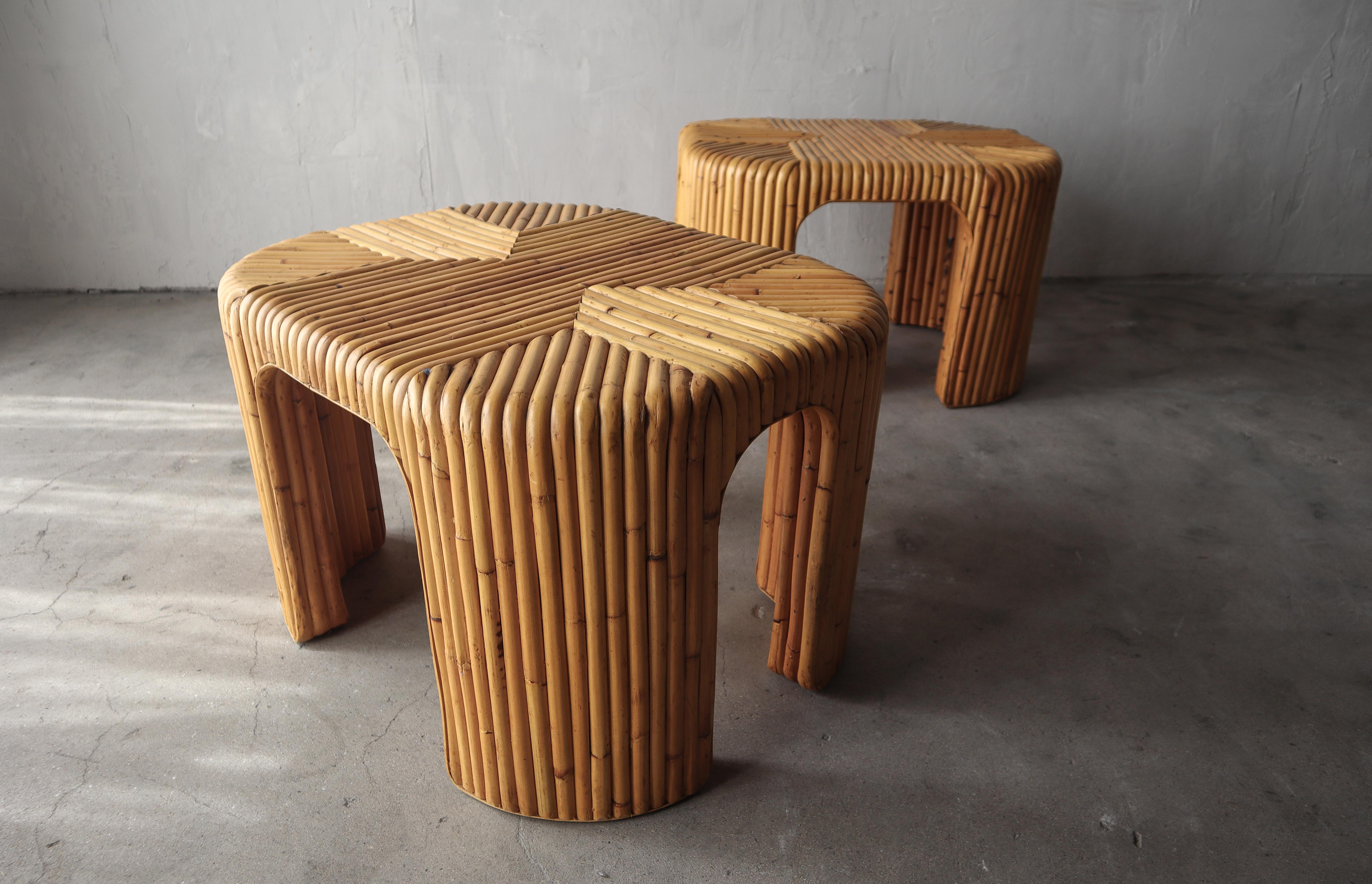 Mid-Century Modern Pair of Vintage Reeded Bamboo Side Tables