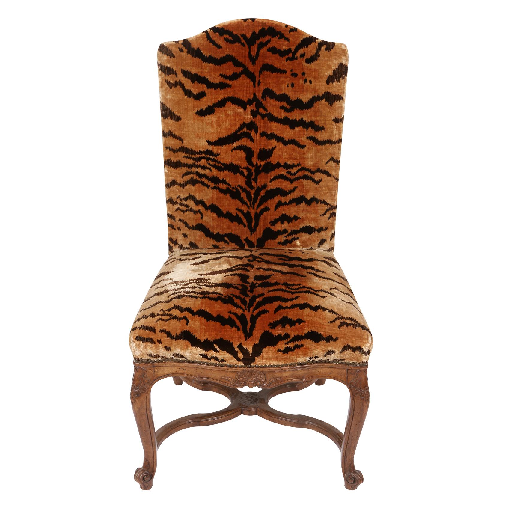 Regency Pair of Vintage Regence Style Walnut Side Chairs in Silk Tiger Velvet For Sale