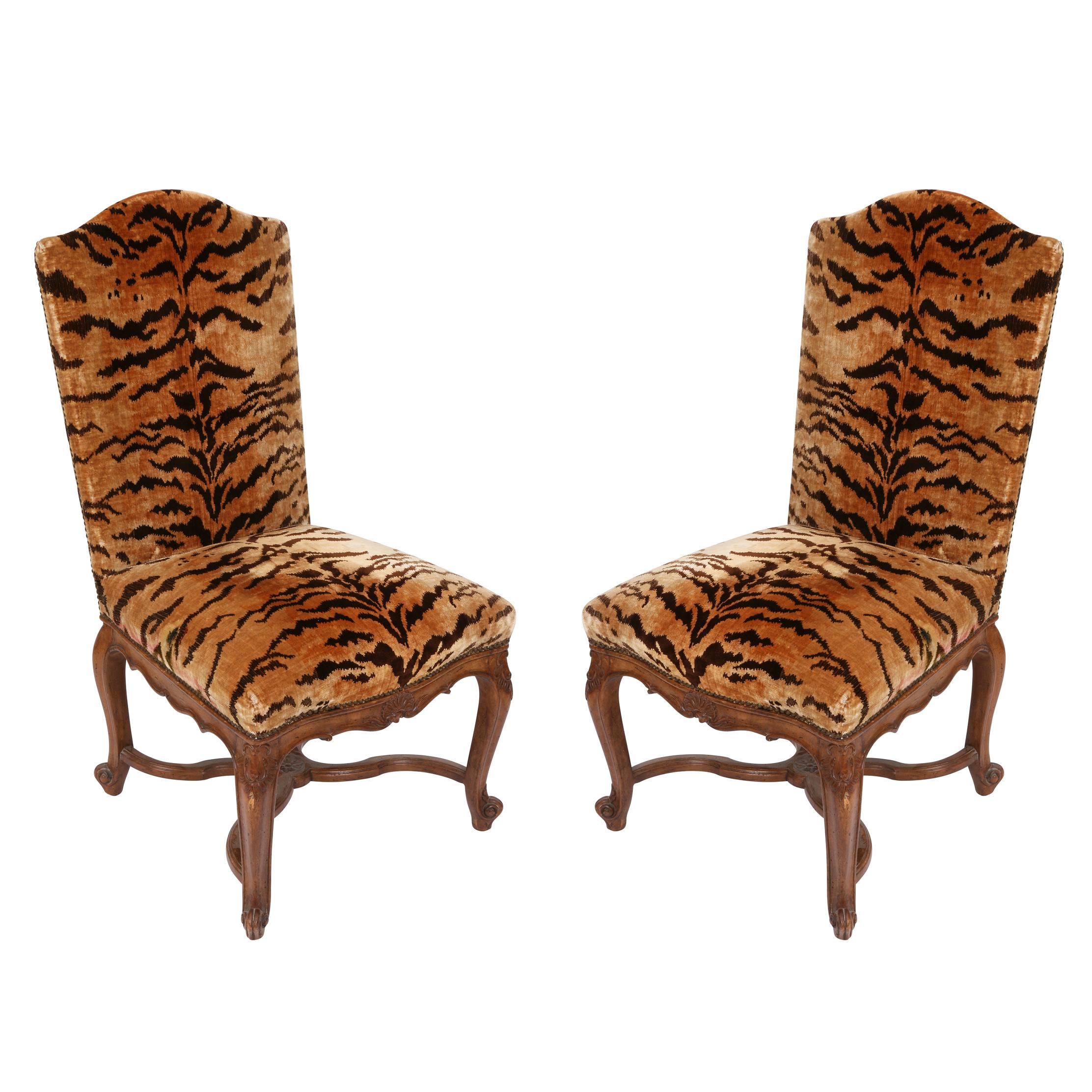 Unknown Pair of Vintage Regence Style Walnut Side Chairs in Silk Tiger Velvet For Sale
