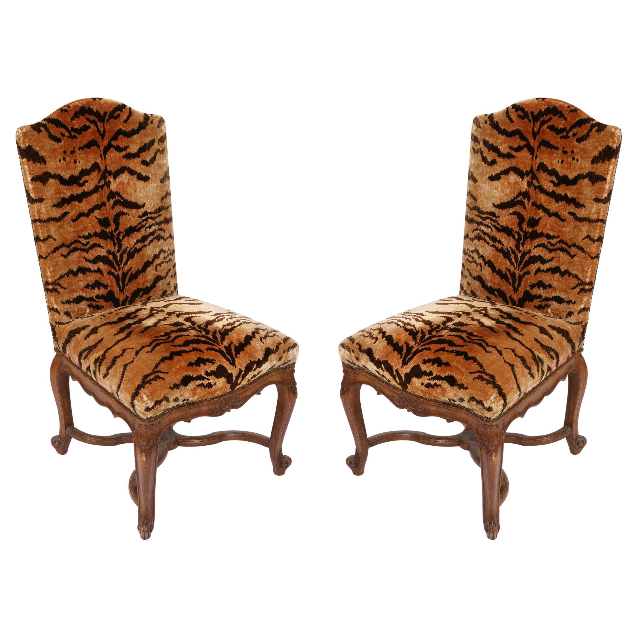 Pair of Vintage Regence Style Walnut Side Chairs in Silk Tiger Velvet For Sale